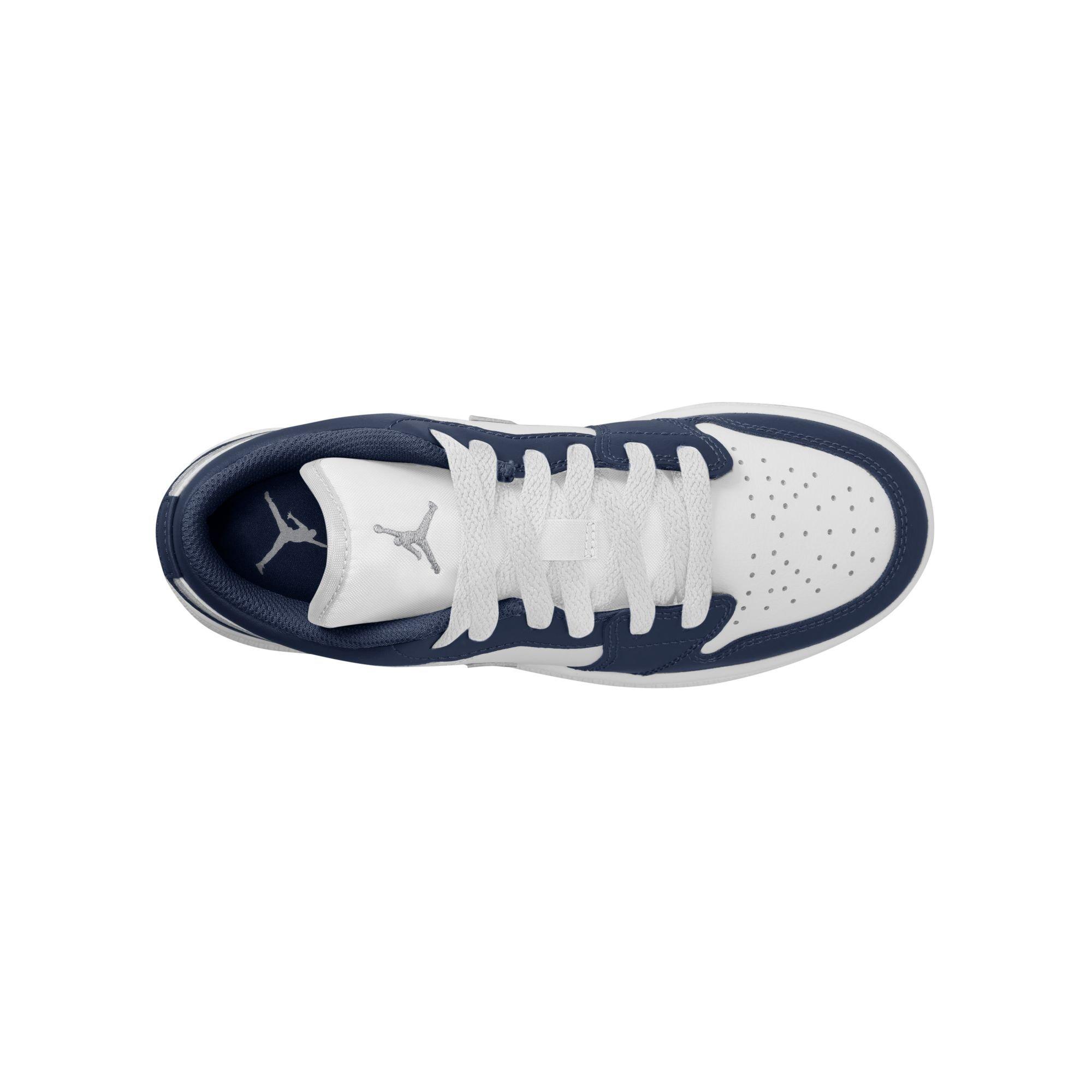Jordan 1 Low "White/Wolf Grey/Midnight Navy" Grade School Boys' Shoe - NAVY/GREY Thumbnail View 8