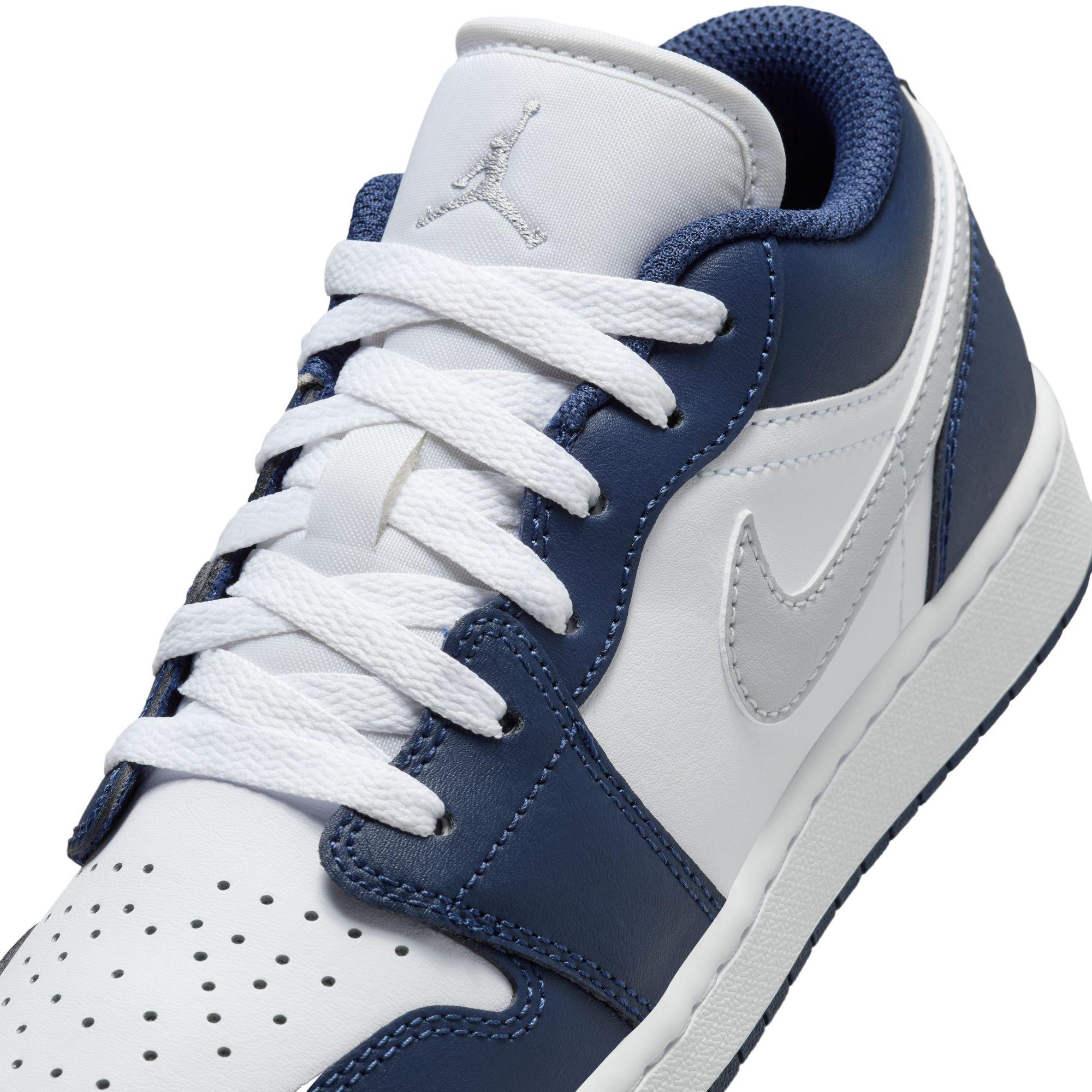 Jordan 1 Low "White/Wolf Grey/Midnight Navy" Grade School Boys' Shoe - NAVY/GREY Thumbnail View 10