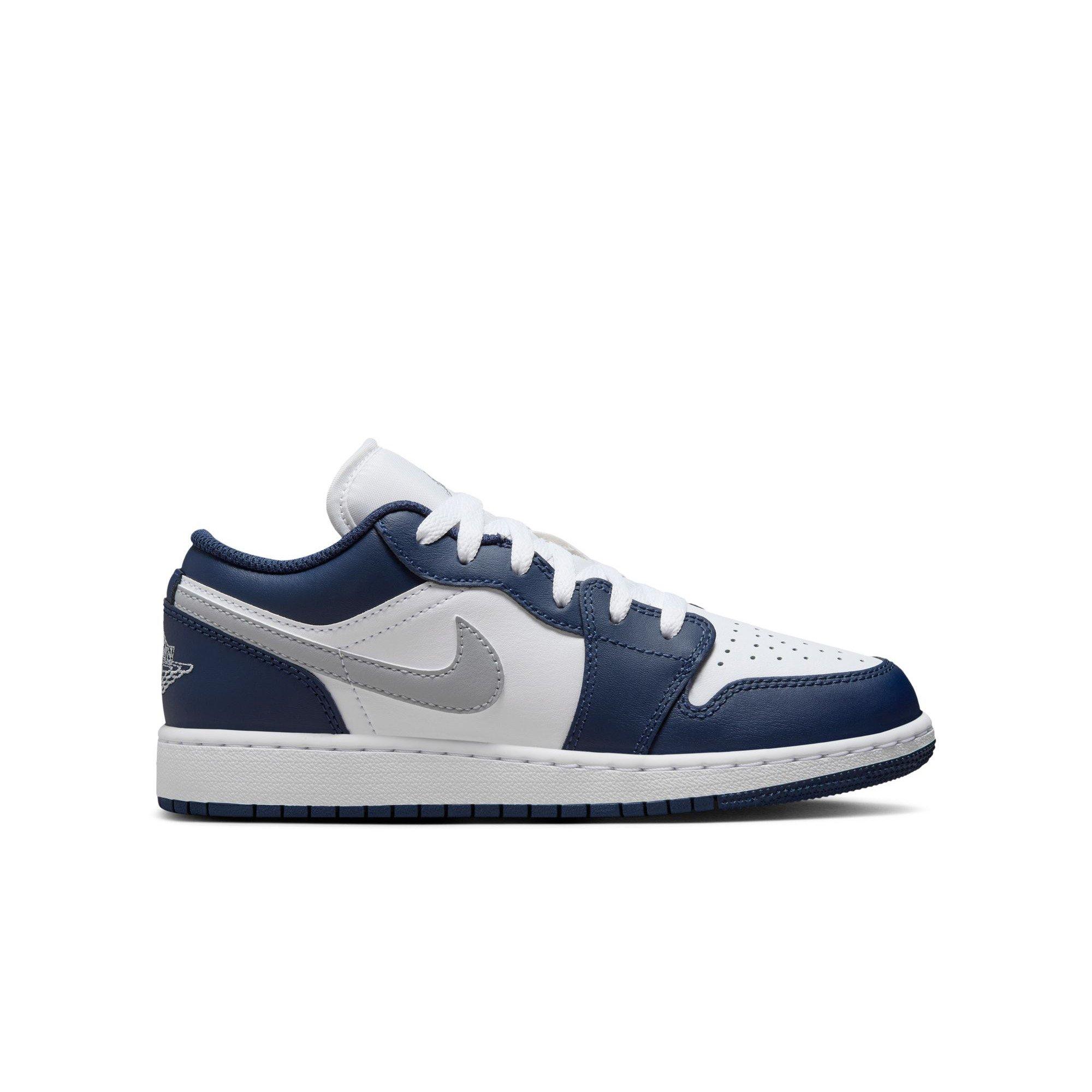 Jordan 1 Low "White/Wolf Grey/Midnight Navy" Grade School Boys' Shoe - NAVY/GREY Thumbnail View 1