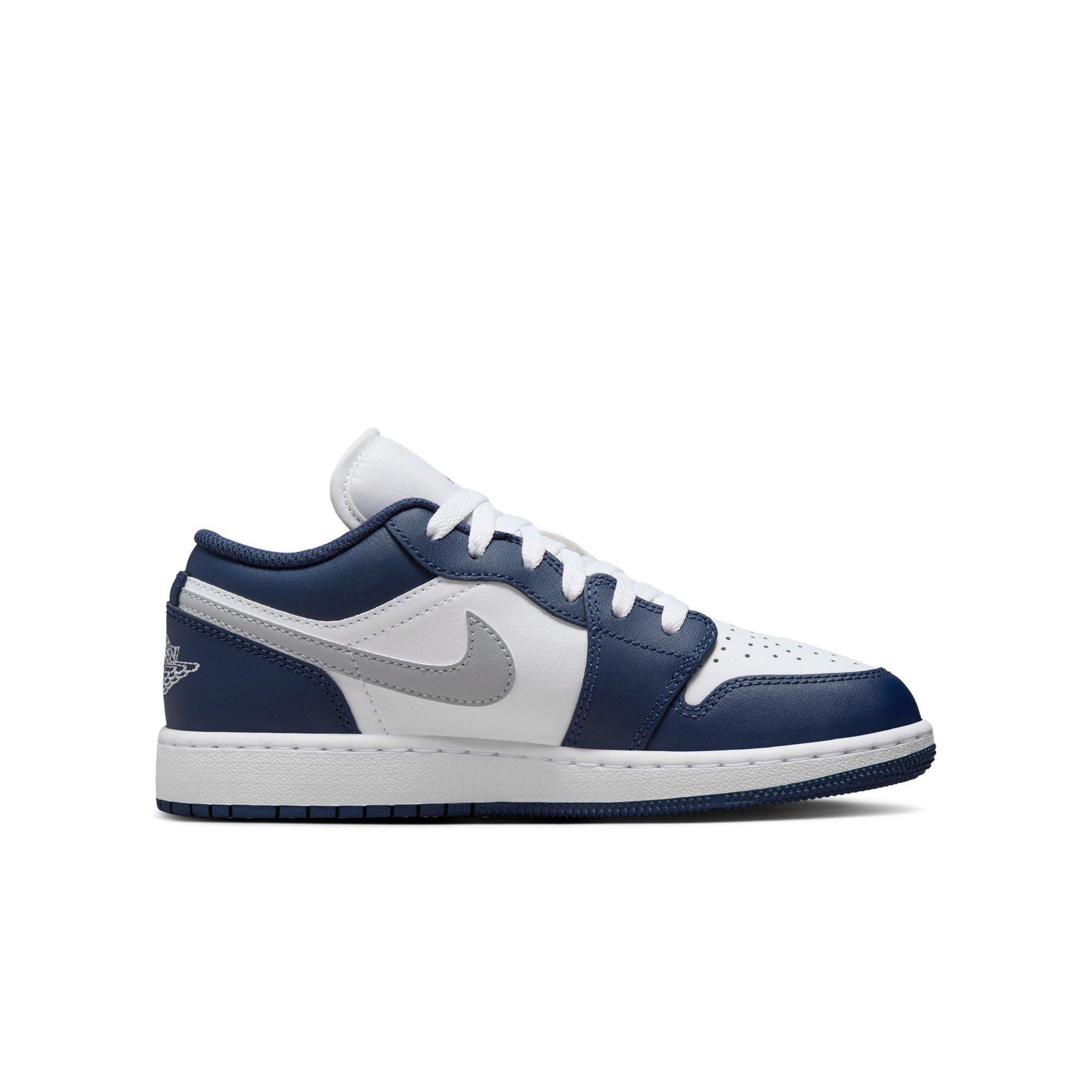 Jordan 1 Low "White/Wolf Grey/Midnight Navy" Grade School Boys' Shoe - NAVY/GREY Thumbnail View 2