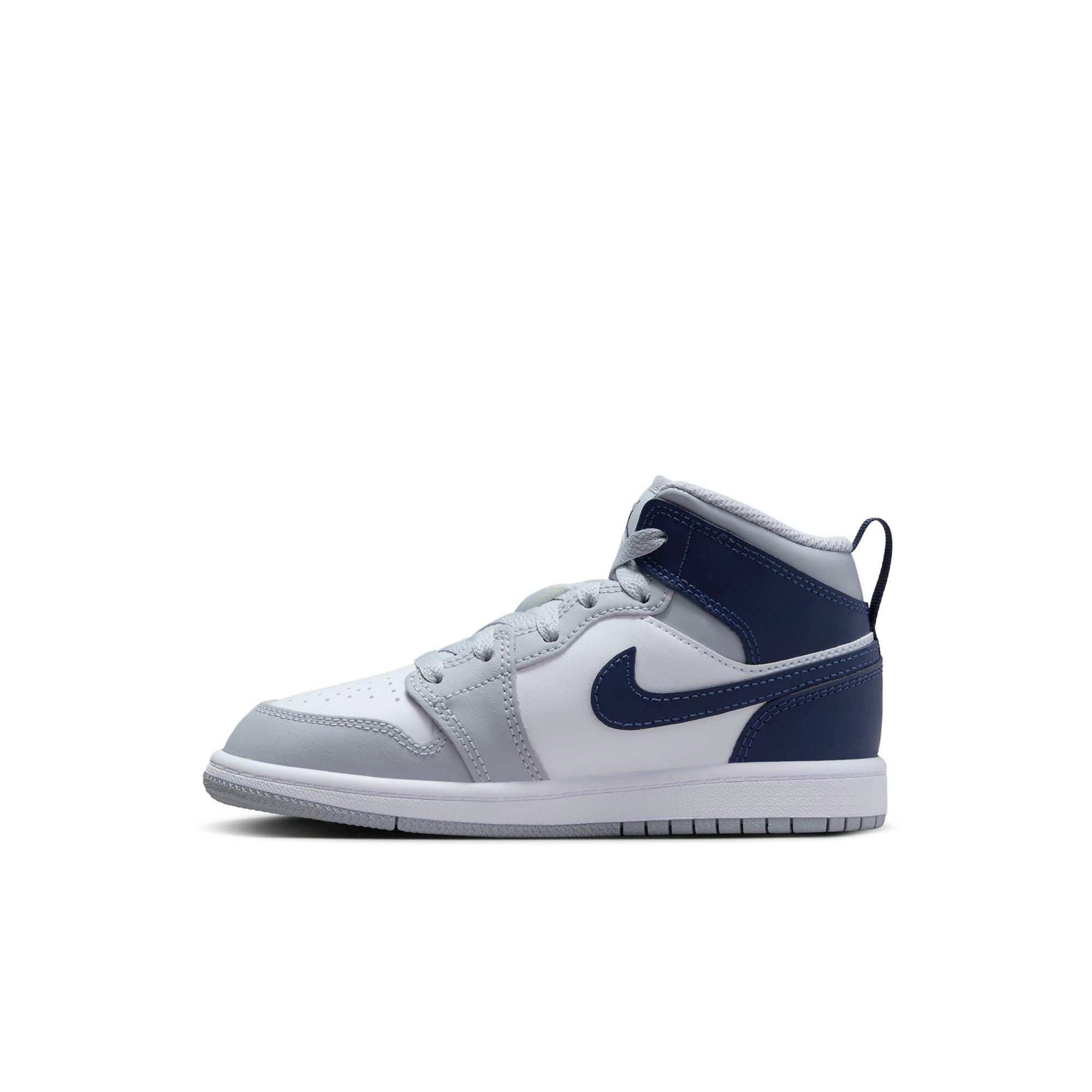 Jordan 1 Mid Preschool Boys' "White/Midnight Navy/Wolf Grey" Shoe​