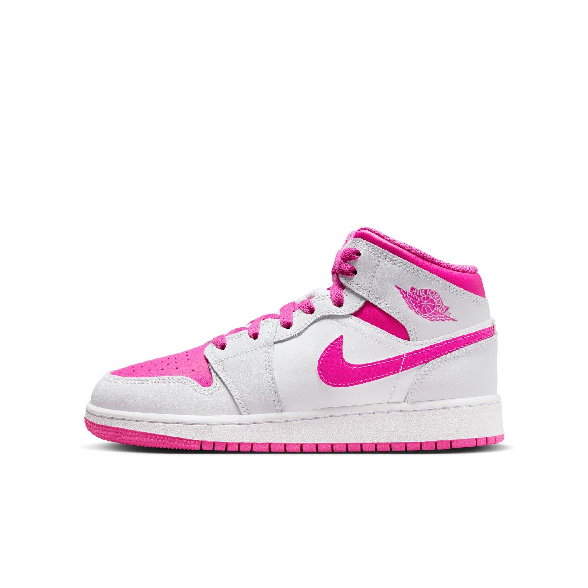 Jordan 1 Mid Grade School Girls' "Iris Whisper/Fire Pink/White" Shoe