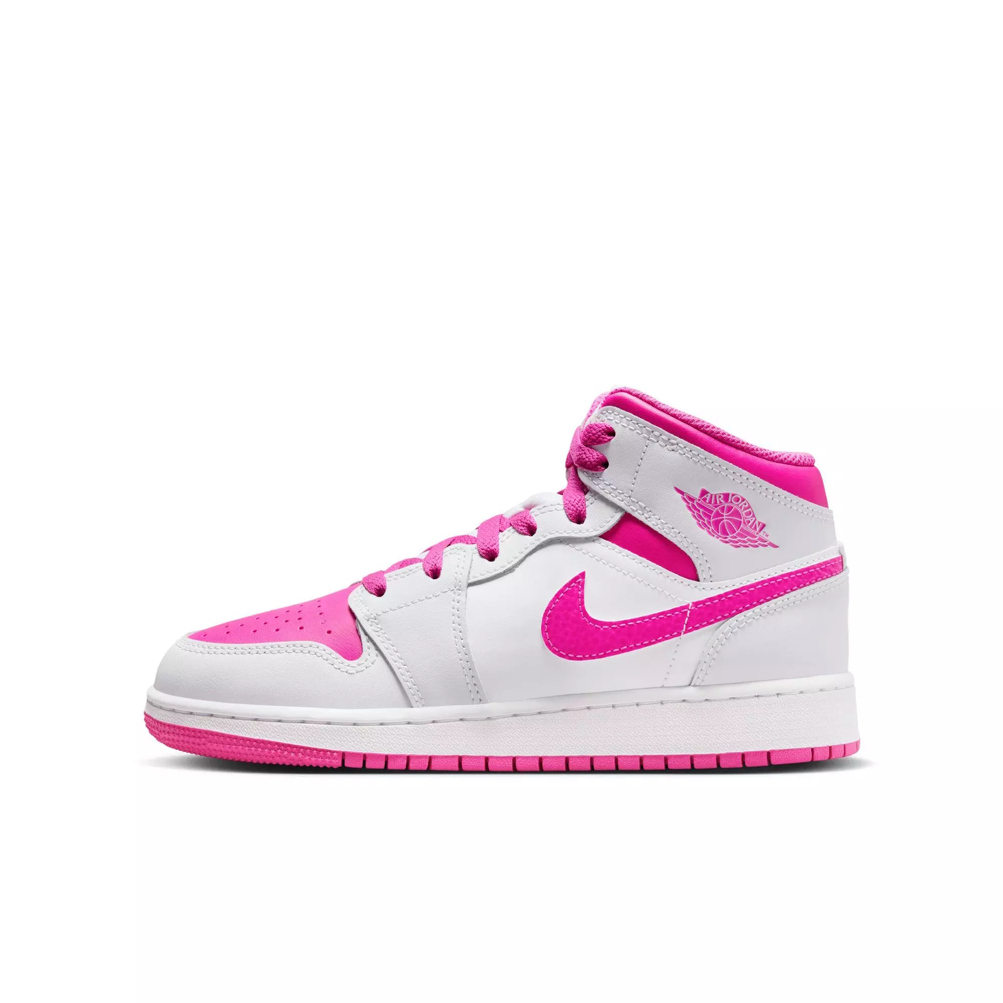 Jordan 1 Mid "Iris Whisper/Fire Pink/White" Grade School Girls' Shoe - WHITE/PINK