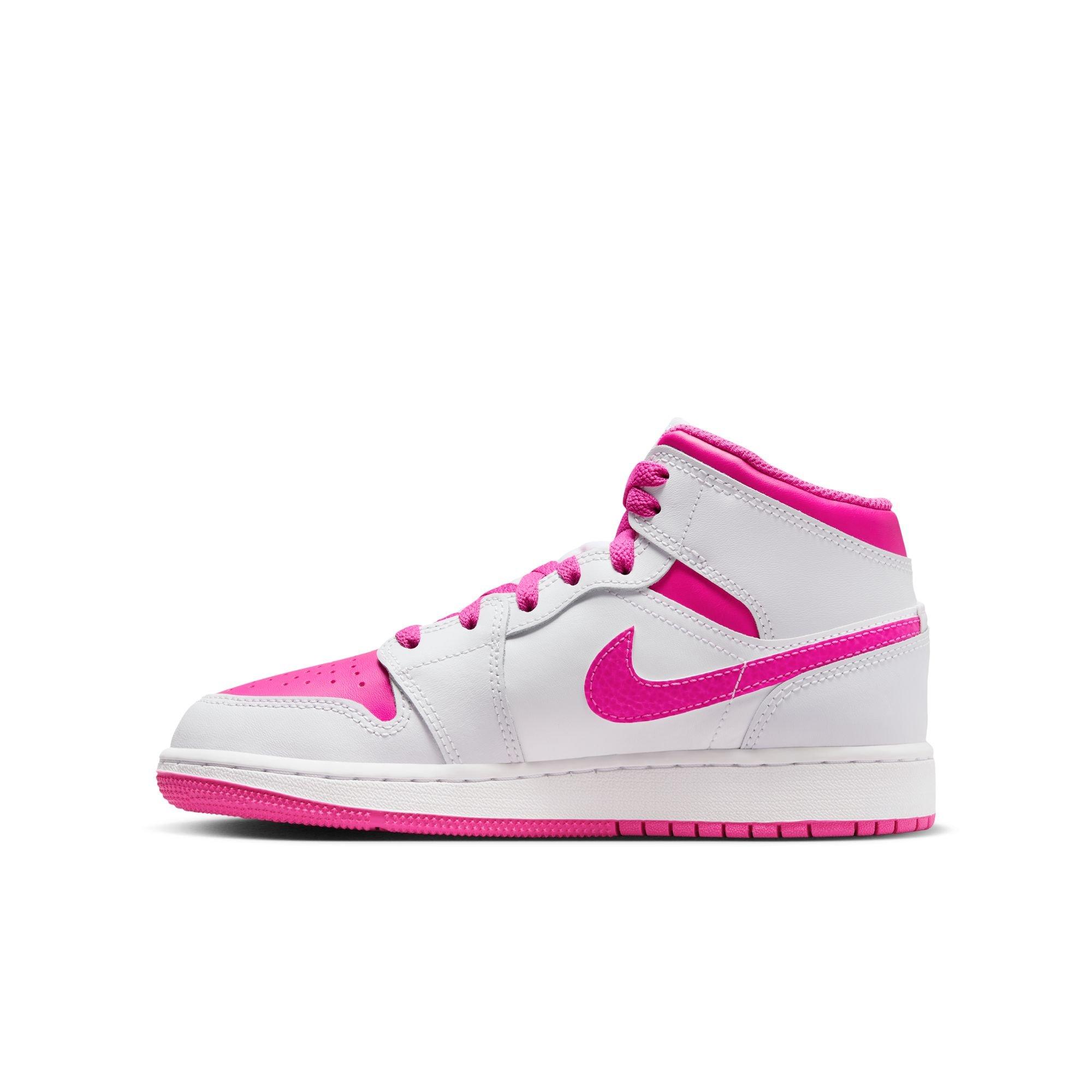 Jordan 1 Mid Grade School Girls' "Iris Whisper/Fire Pink/White" Shoe