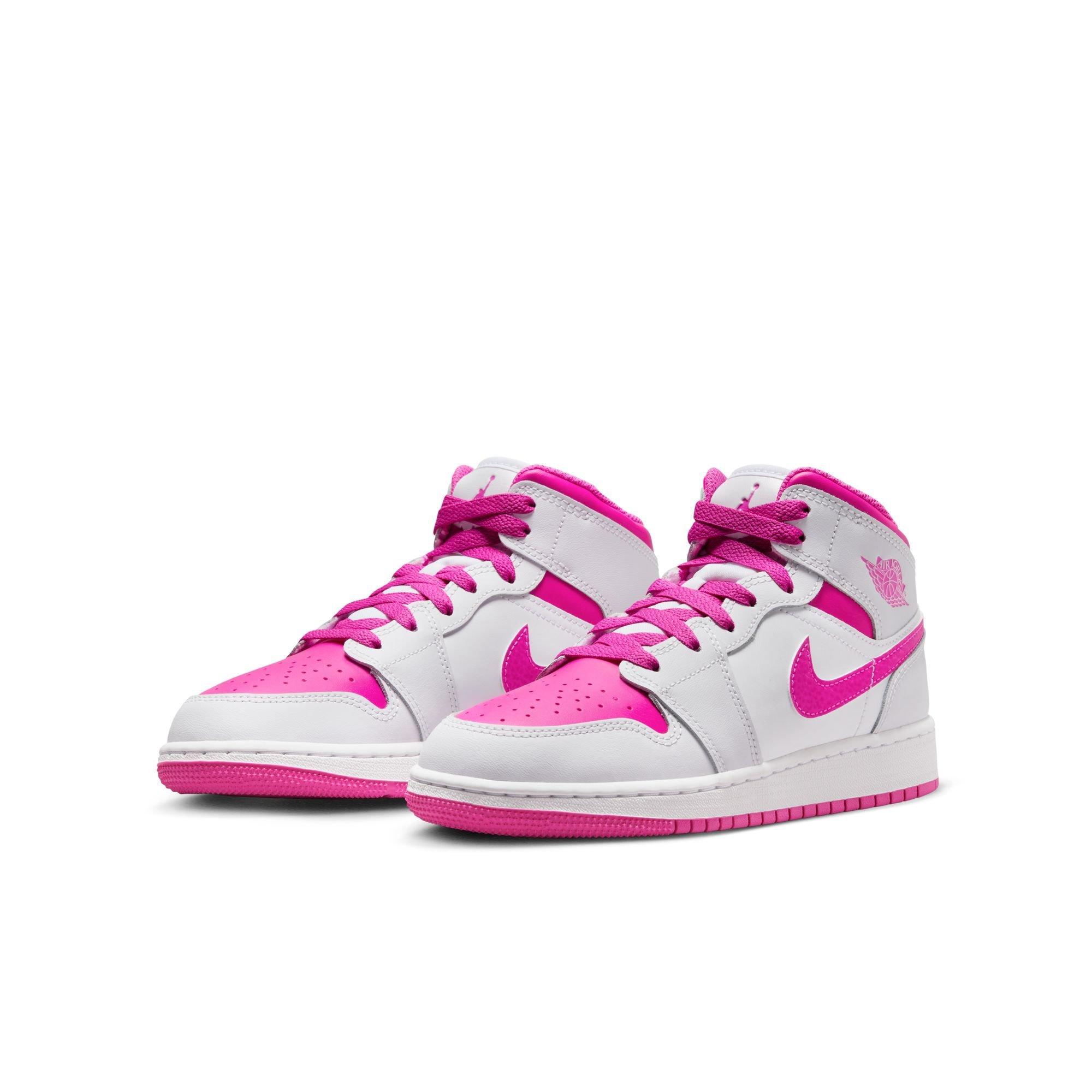 Jordan 1 Mid Grade School Girls' "Iris Whisper/Fire Pink/White" Shoe