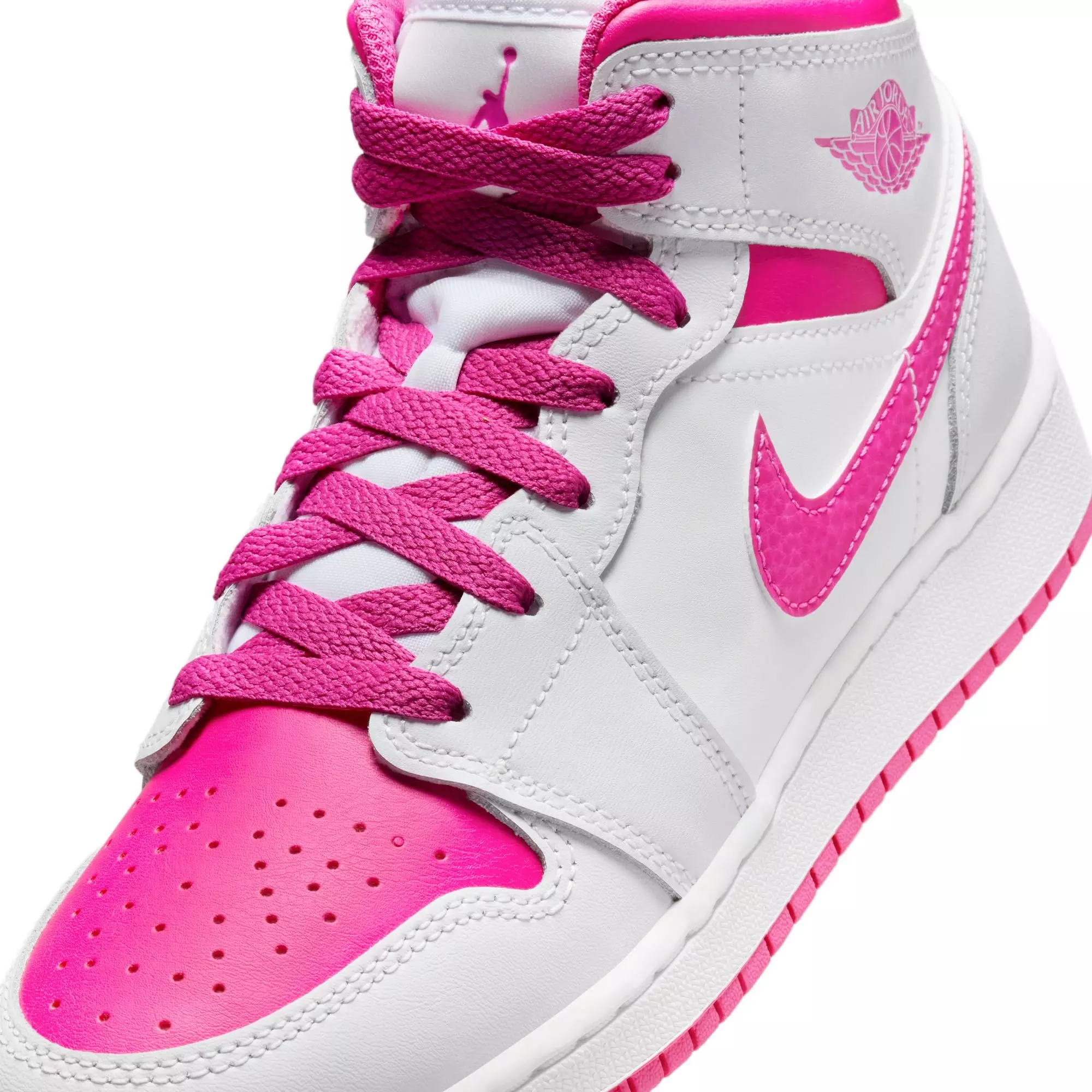 Jordan 1 Mid "Iris Whisper/Fire Pink/White" Grade School Girls' Shoe - WHITE/PINK
