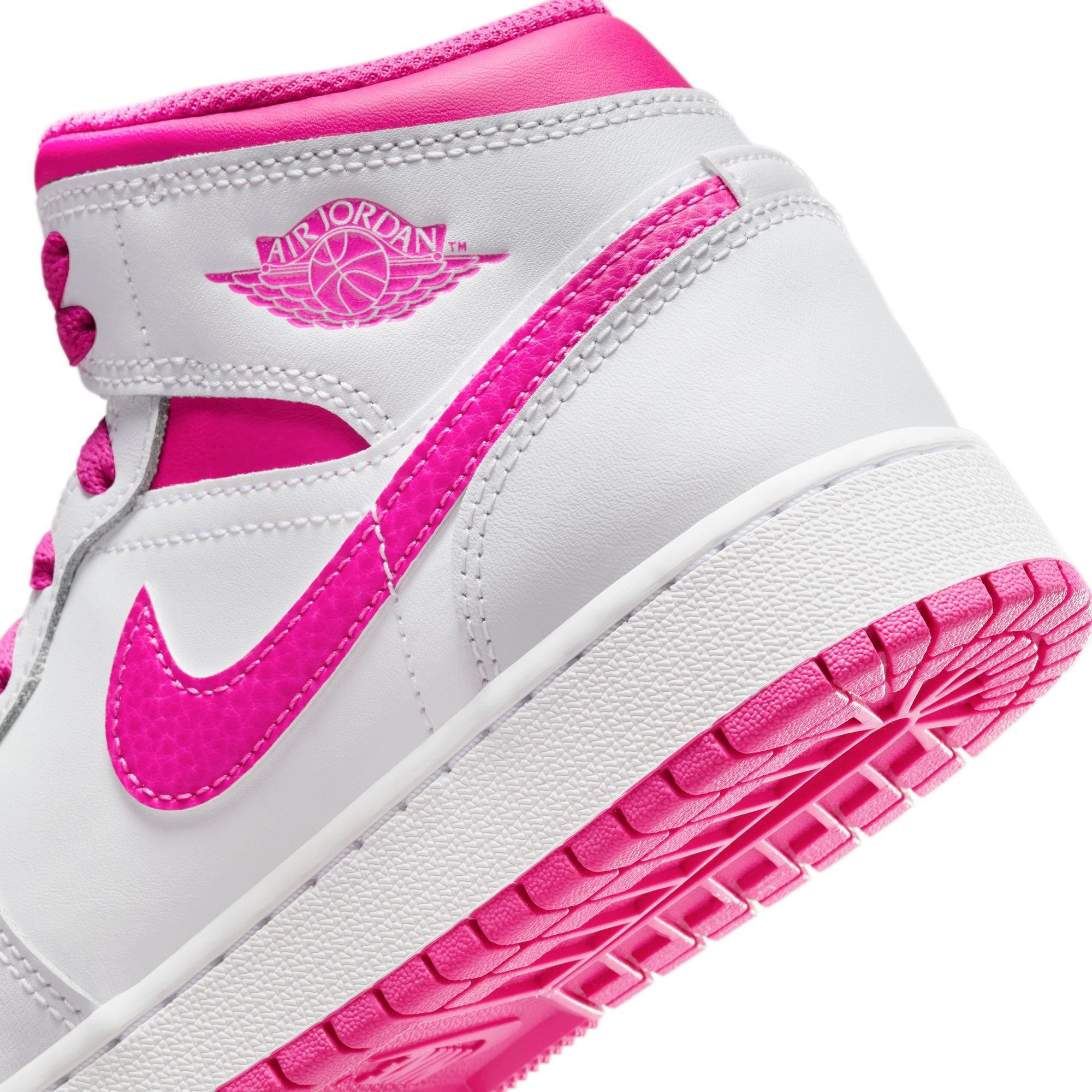 Jordan 1 Mid Grade School Girls' "Iris Whisper/Fire Pink/White" Shoe