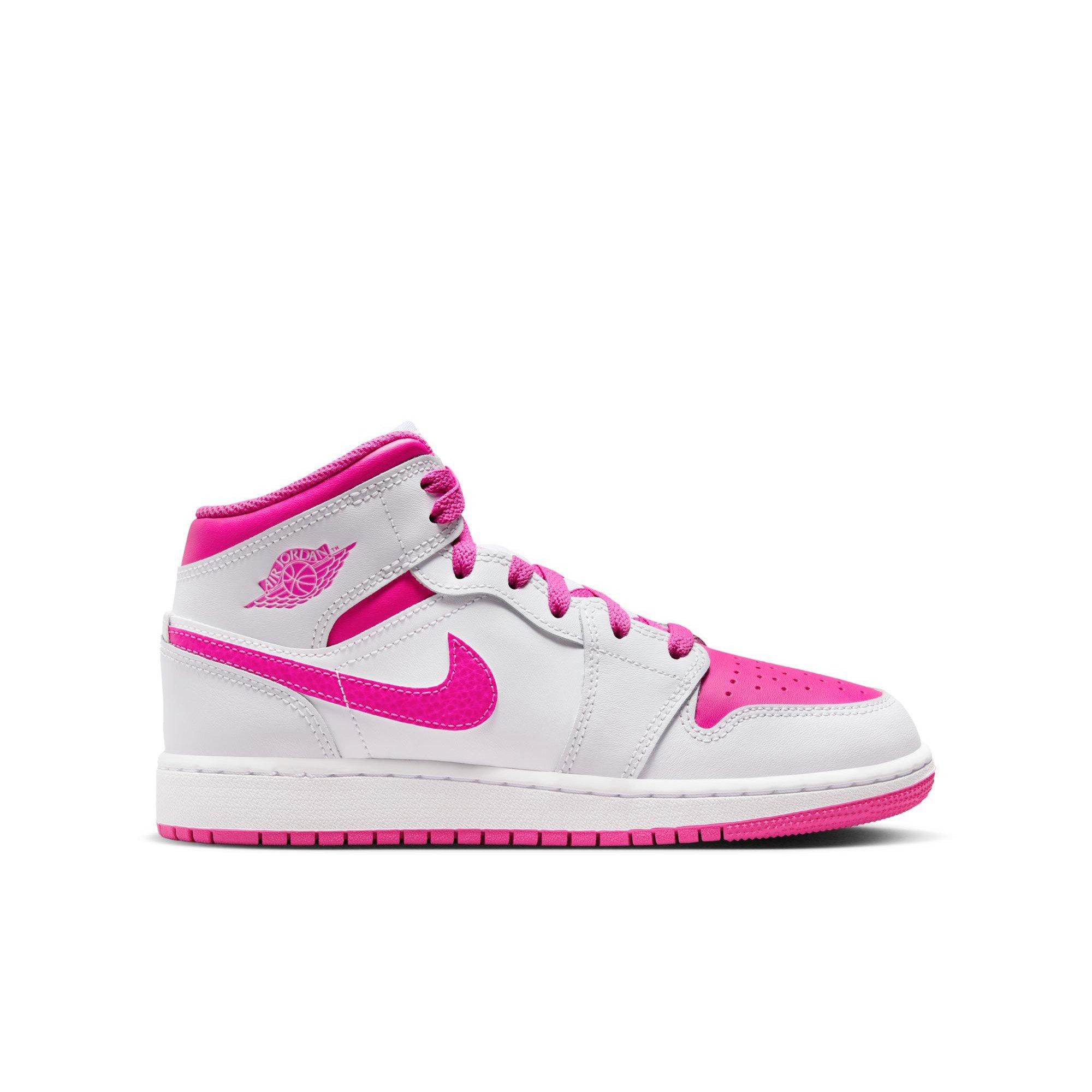 Jordan 1 Mid "Iris Whisper/Fire Pink/White" Grade School Girls' Shoe - WHITE/PINK