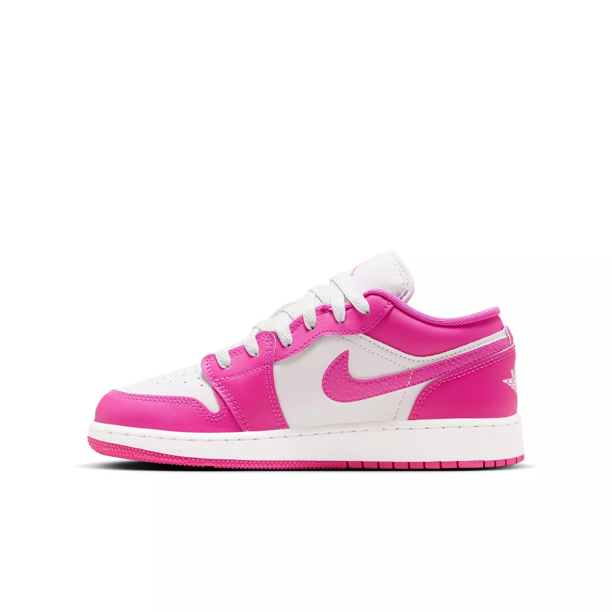Jordan 1 Low "Fire Pink/Iris Whisper/White" Grade School Girls' Shoe - PINK/WHITE