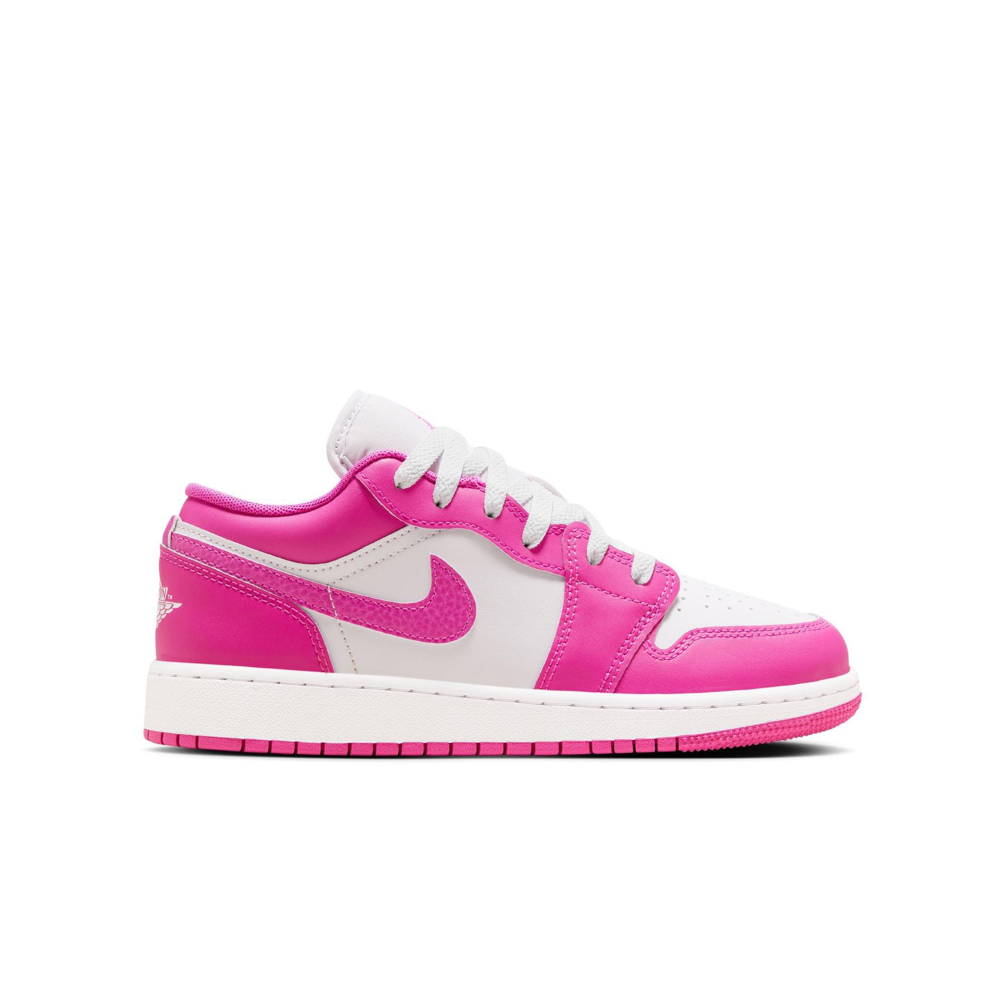 Jordan 1 Low "Fire Pink/Iris Whisper/White" Grade School Girls' Shoe - PINK/WHITE Thumbnail View 1