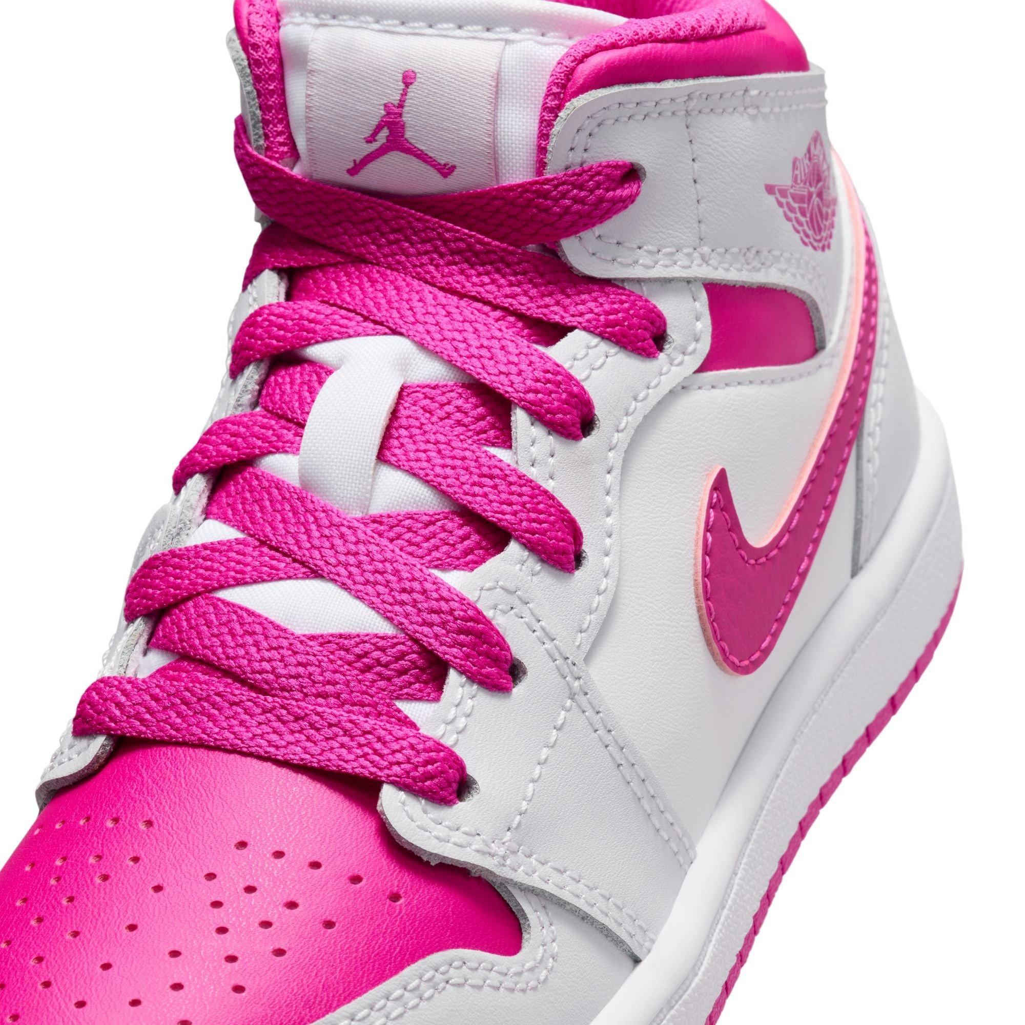 Jordan 1 Mid "Iris Whisper/Fire Pink/White" Preschool Girls' Shoe - WHITE/PINK Thumbnail View 10