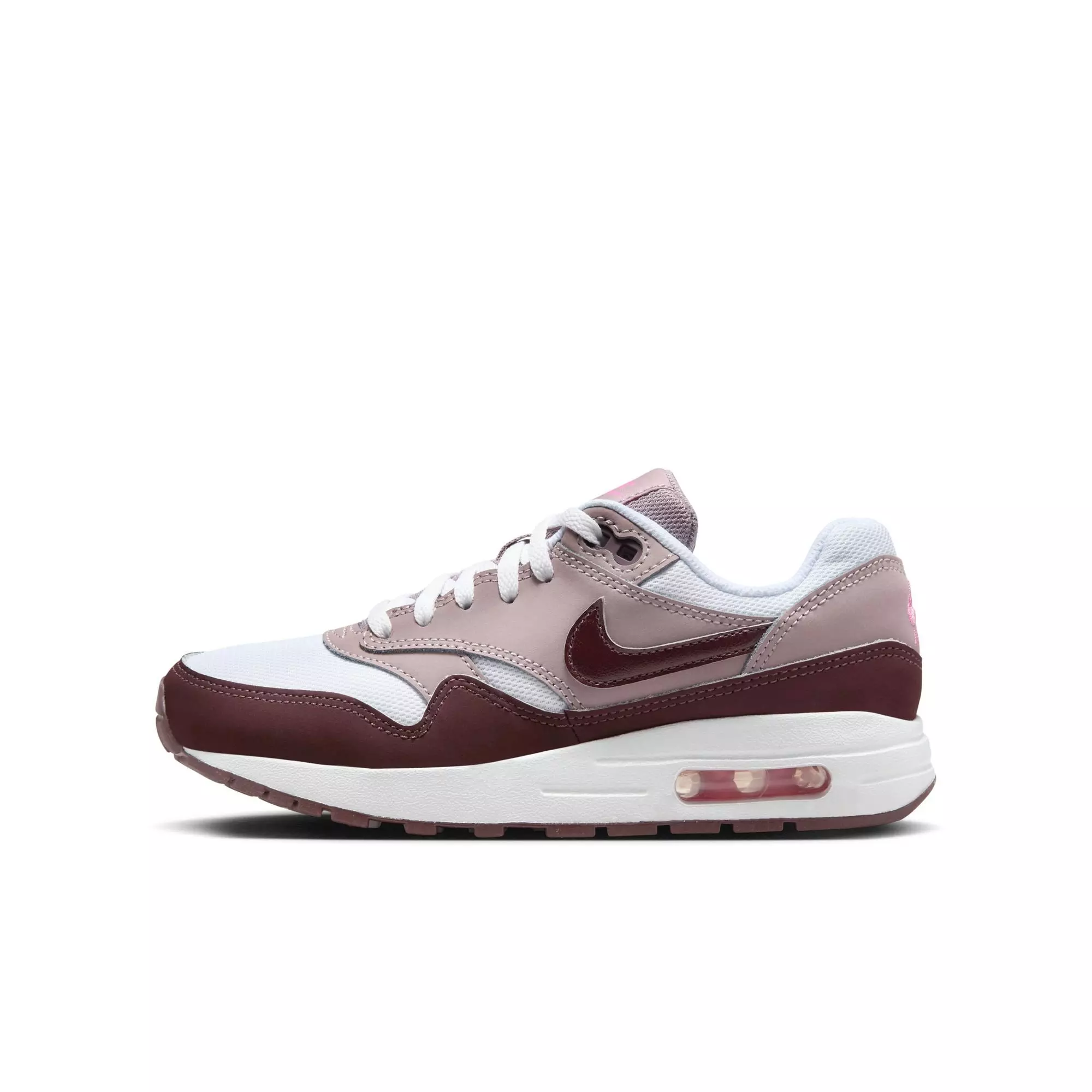 Nike Air Max 1 "White/Burgundy Crush/Lt Violet Ore" Grade School Girls' Shoe - WHITE/RED