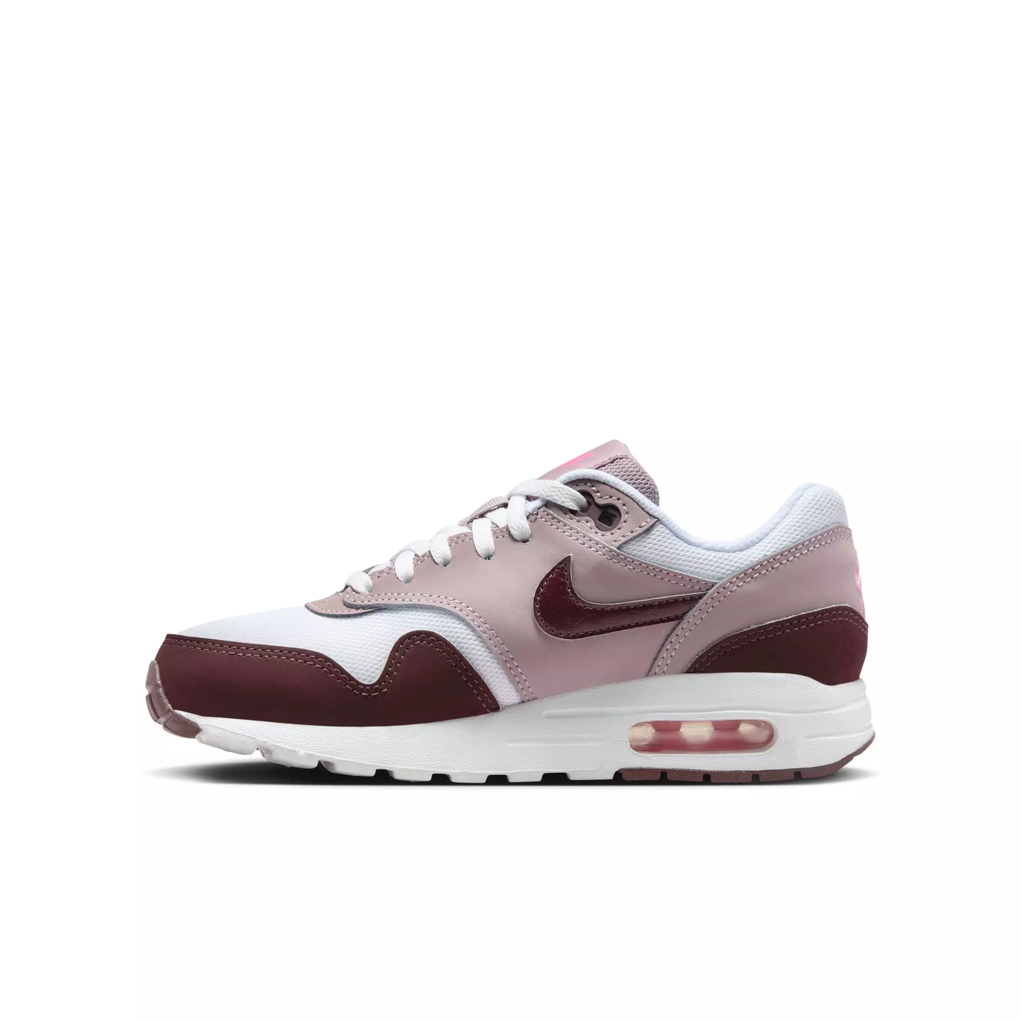 Nike Air Max 1 "White/Burgundy Crush/Lt Violet Ore" Grade School Girls' Shoe - WHITE/RED