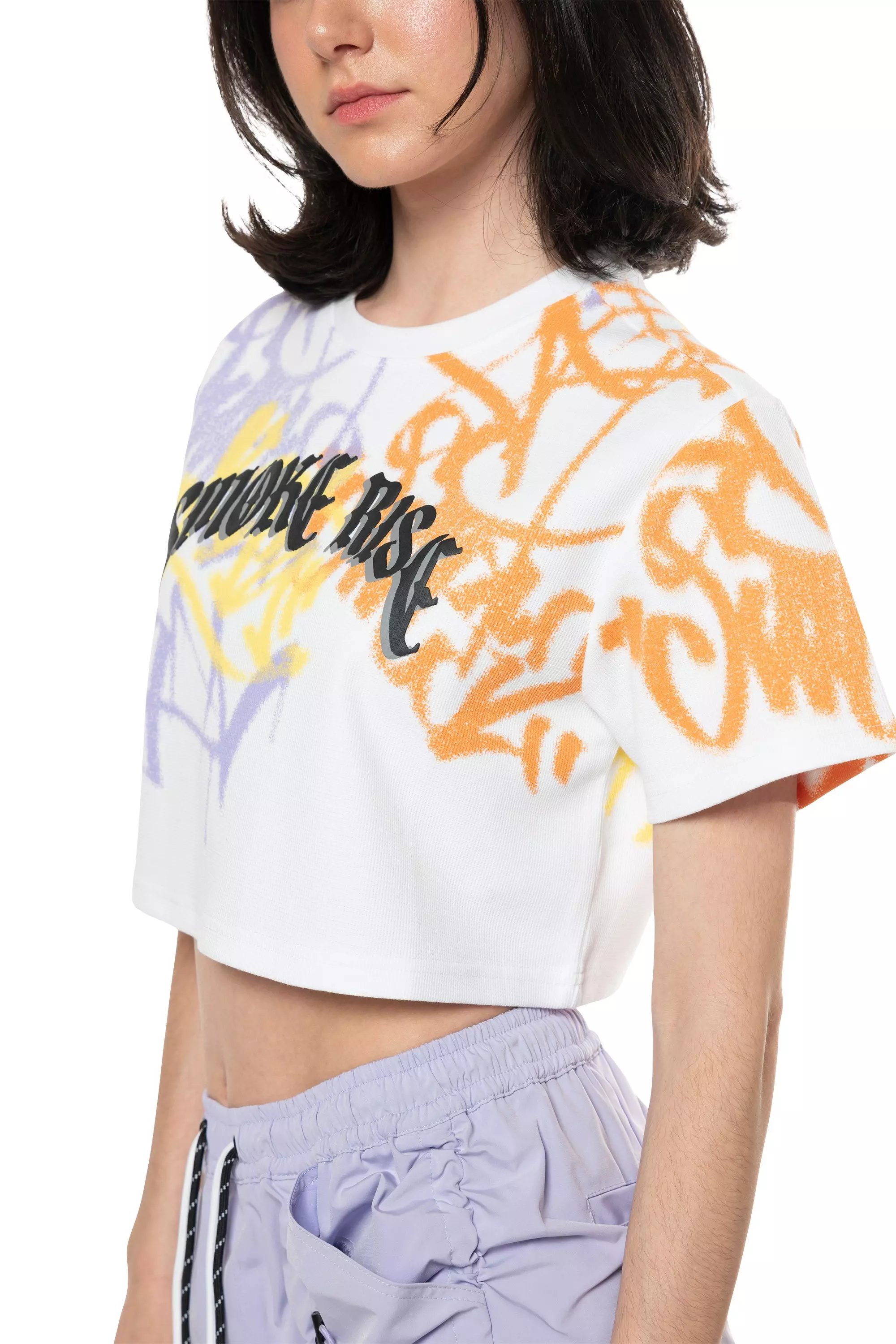 Smoke Rise Women's Graffiti Waffle Crop Top - WHITE/MULTI