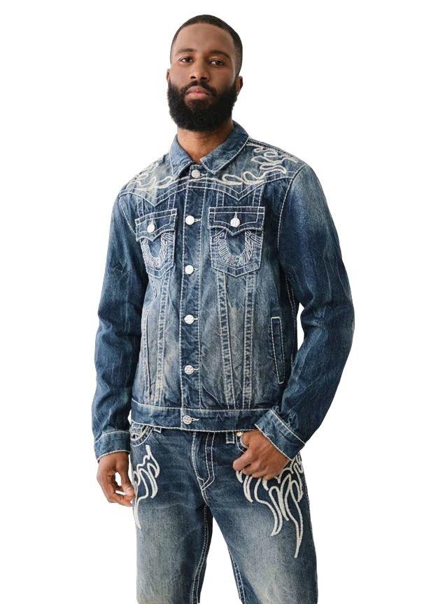 True Religion Men's Big T Flame Trucker Jacket - BLUE