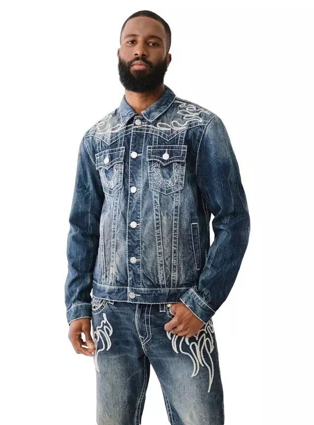 True Religion Men's Big T Flame Trucker Jacket - BLUE