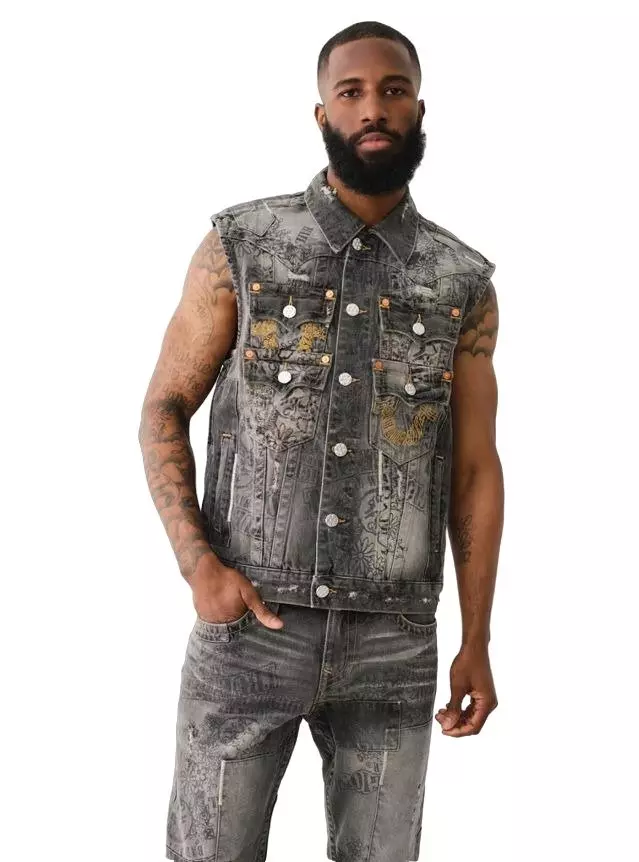 True Religion X Bad Weather Men's Denim Stacked Pocket Vest - Black - GREY