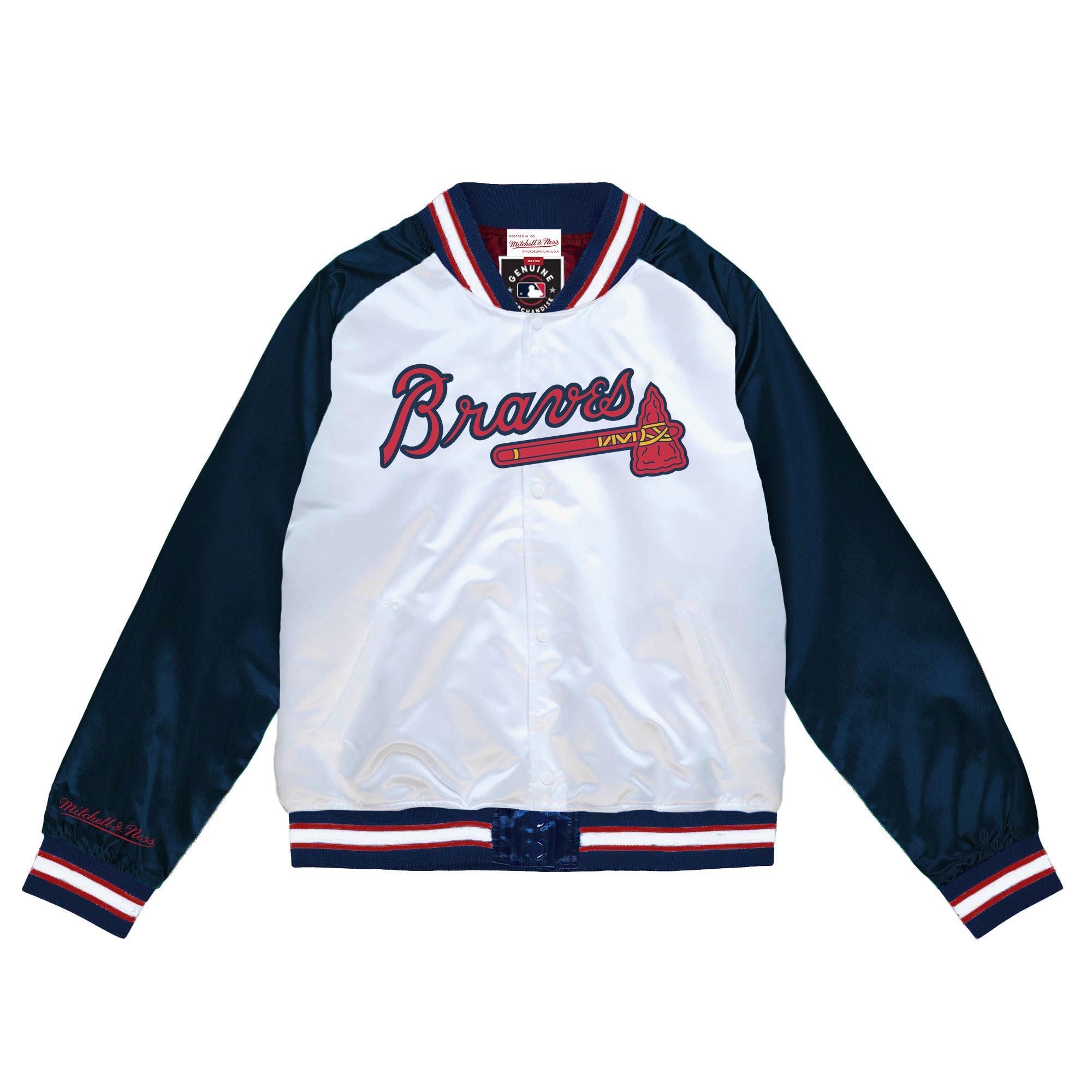 Mitchell & Ness Men's Atlanta Braves Light Weight Satin Jacket-Navy - BLUE/WHITE Thumbnail View 1