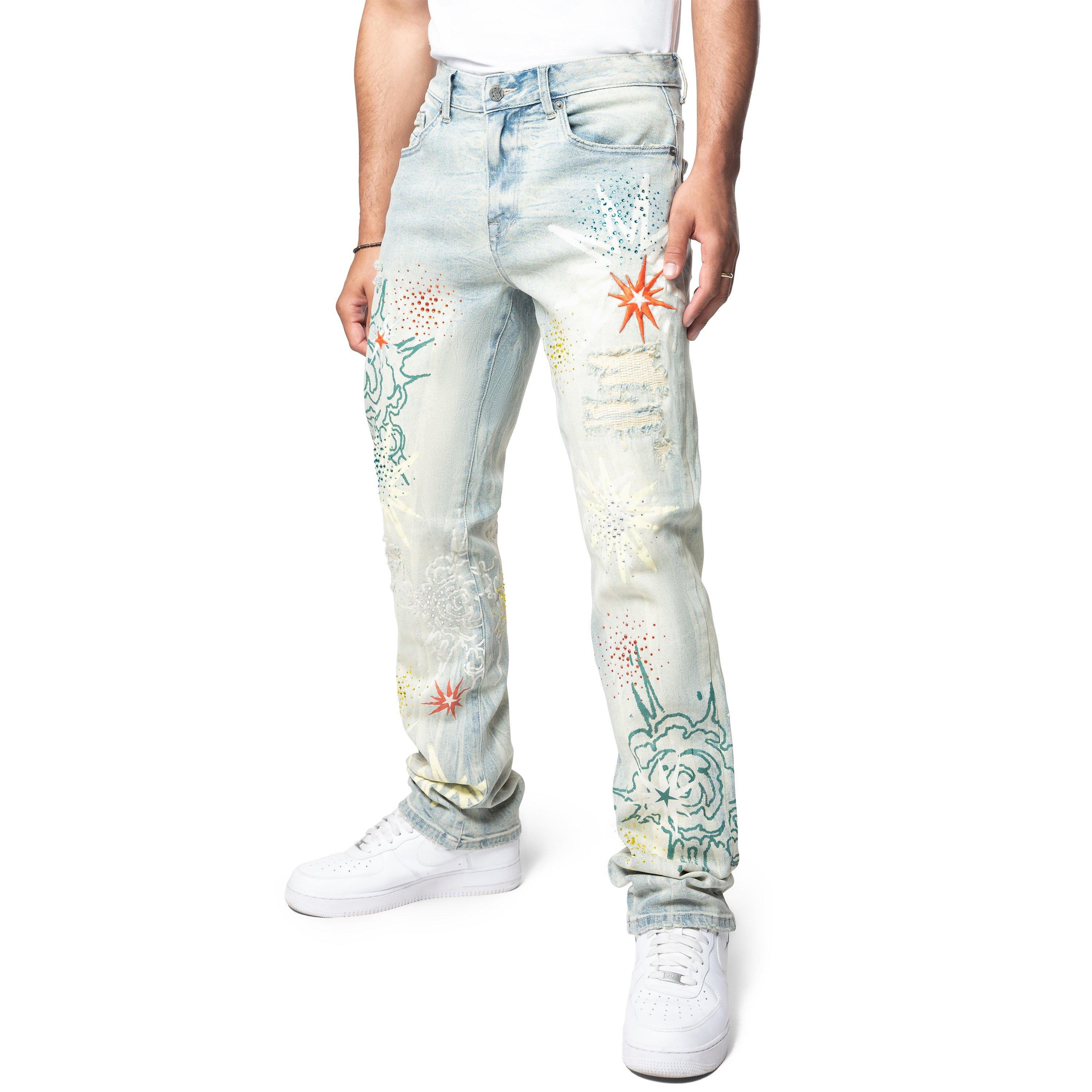 Grindhouse Men's Straight Fit Stack Rhinestone Denim Jeans - Sevier Blue - BLUE