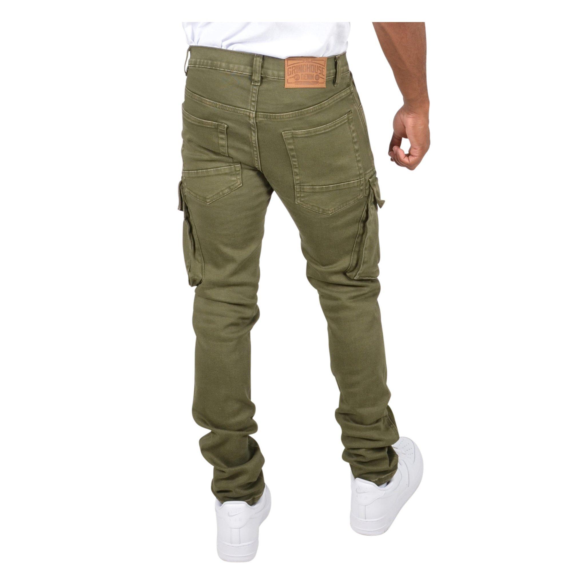 Grindhouse Men's Side Cargo Pocket Denim Jeans - Olive - OLIVE Thumbnail View 5