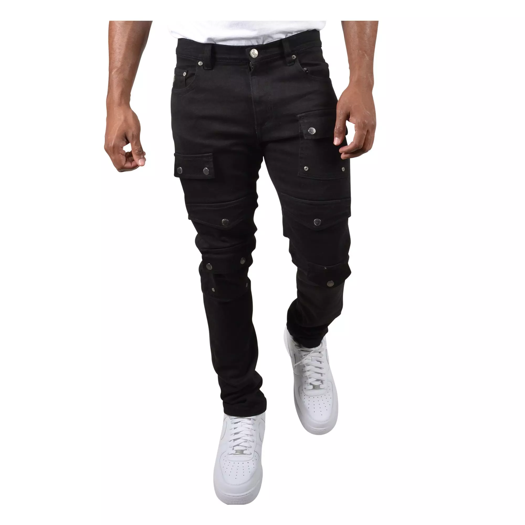 Grindhouse Men's Front Multi Cargo Pocket Denim Jeans - Black - BLACK