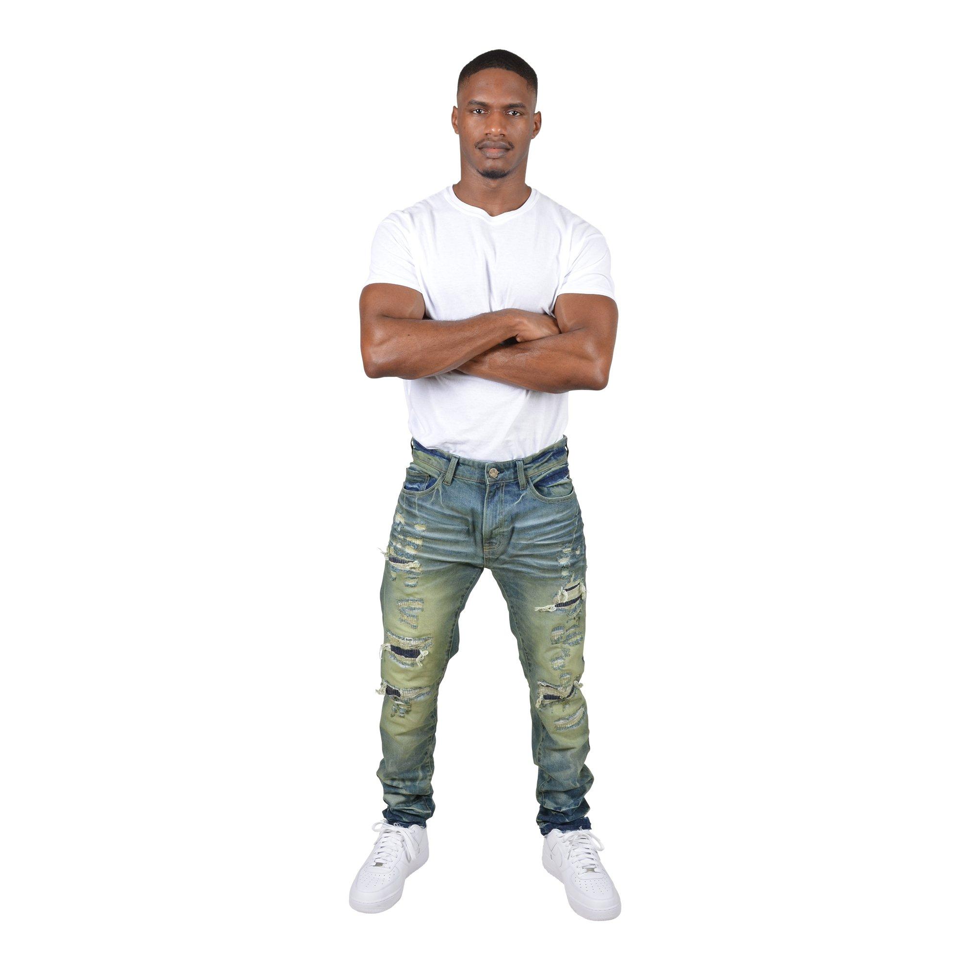 Grindhouse Men's Rip N Repair Open Hem Slim Fit Denim Jeans - Blue - BLUE Thumbnail View 1