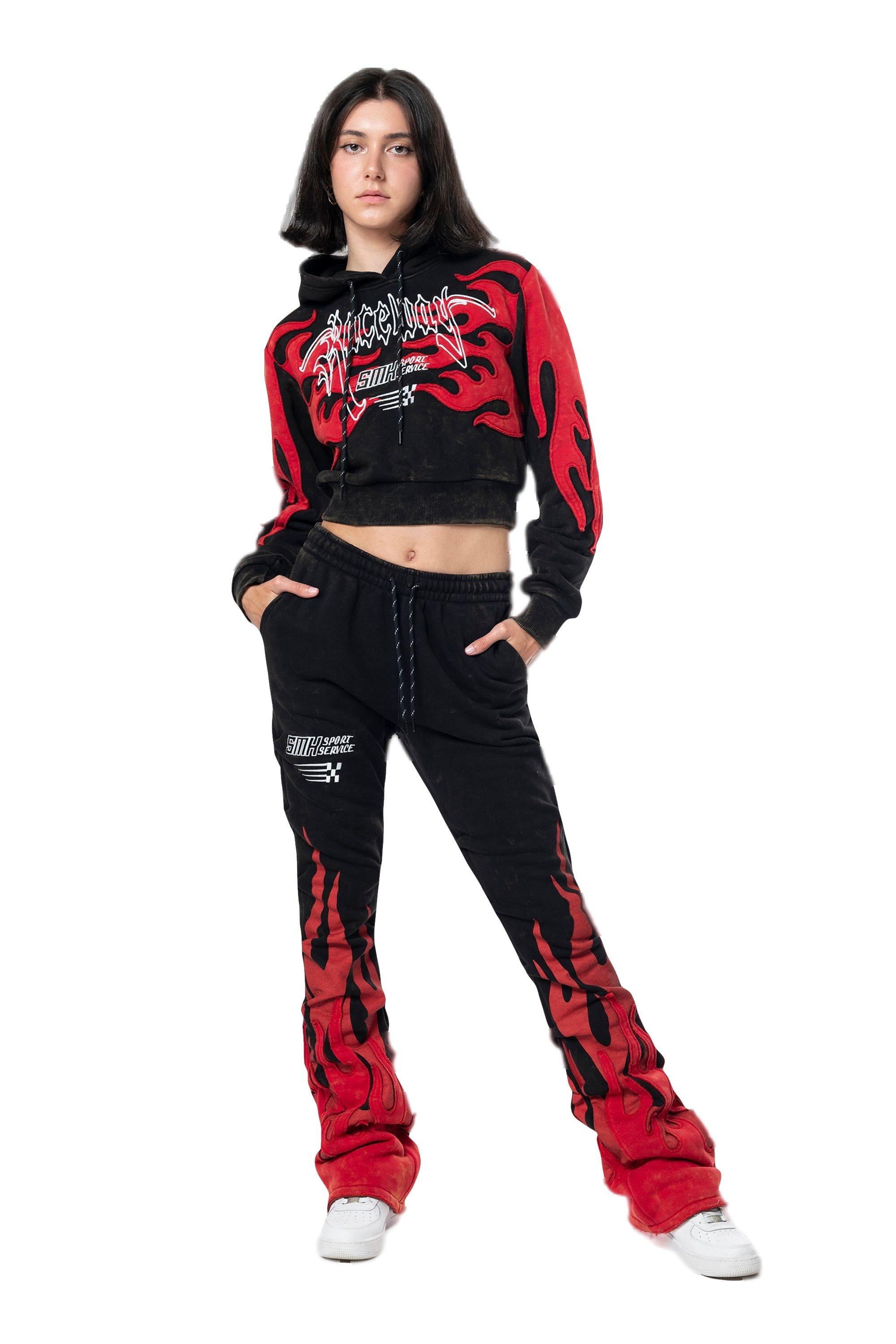 チアリーディングウェア 赤黒ストライプ Racing Flame Cropped Hoodie - Women's Fleece | Hibbett