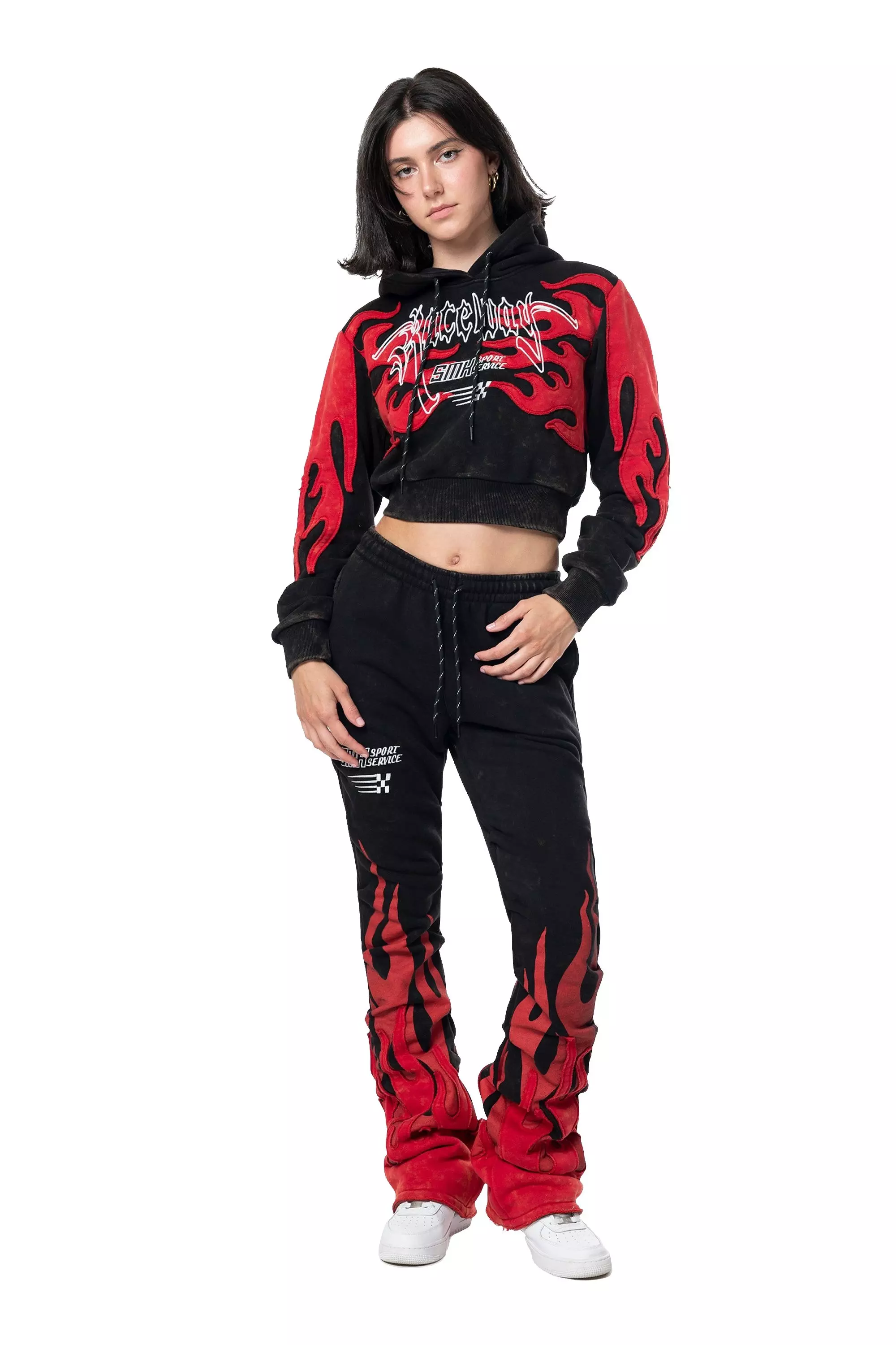 Smoke Rise Women's Racing Flame Hoodie - Black/Red - BLACK/RED