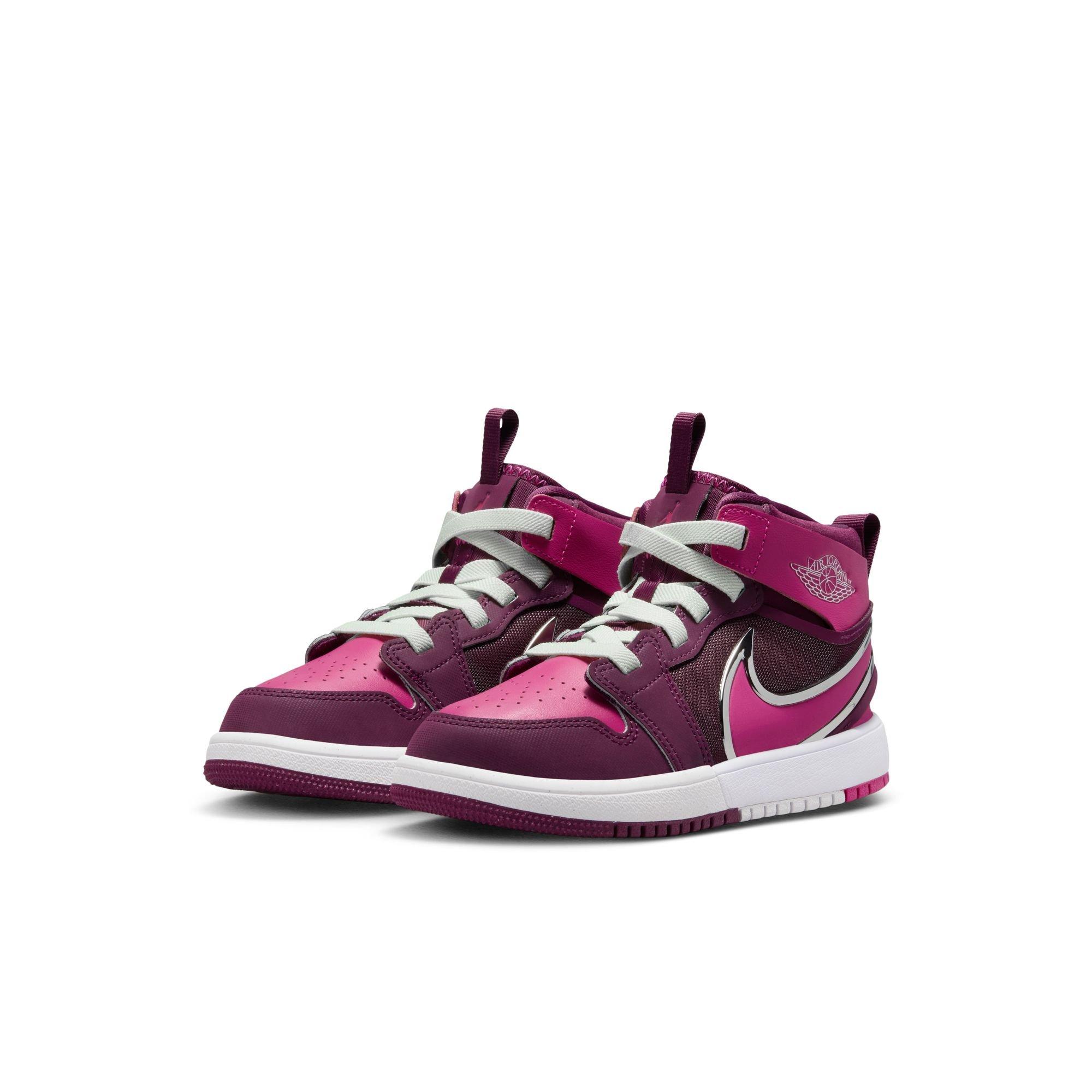 Jordan 1 Mid RM EasyOn Preschool Girls' "Bordeaux/Active Pink/White/Volt Tint" Shoe