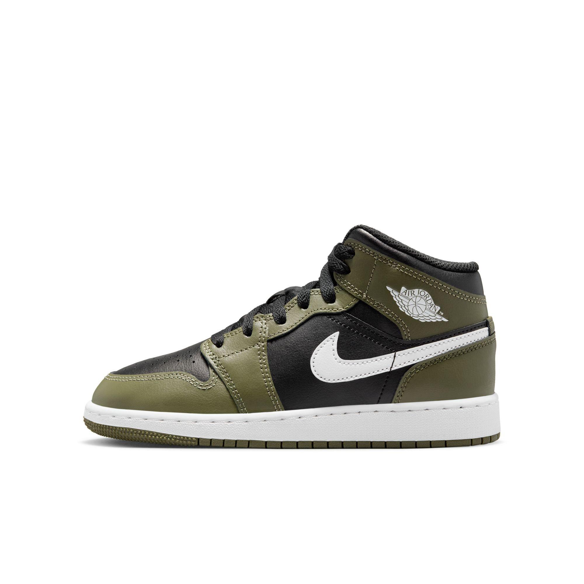 Jordan 1 Mid Grade School Boys' "Black/White/Medium Olive" Shoe