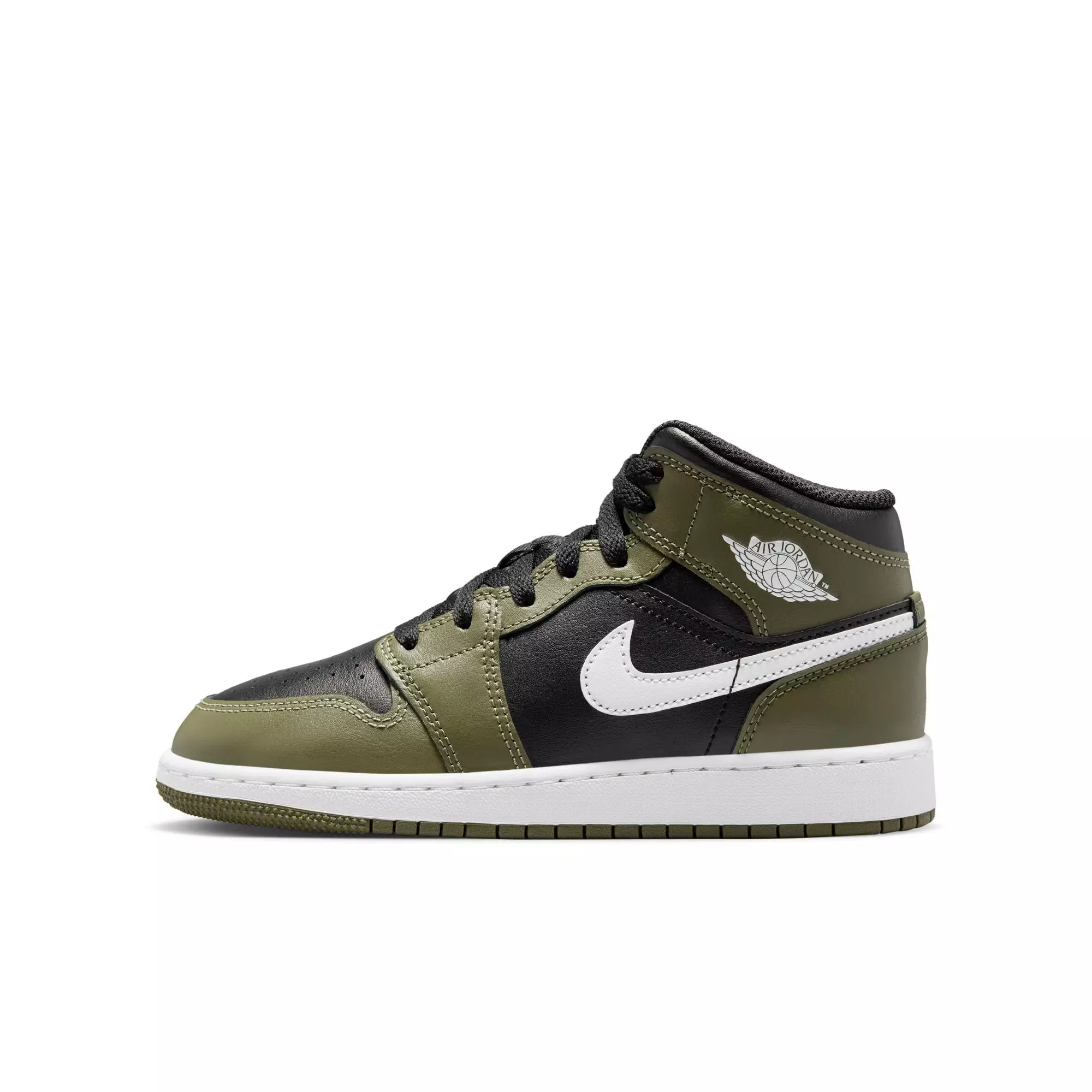 Jordan 1 Mid "Black/White/Medium Olive" Grade School Boys' Shoe - BLACK/OLIVE