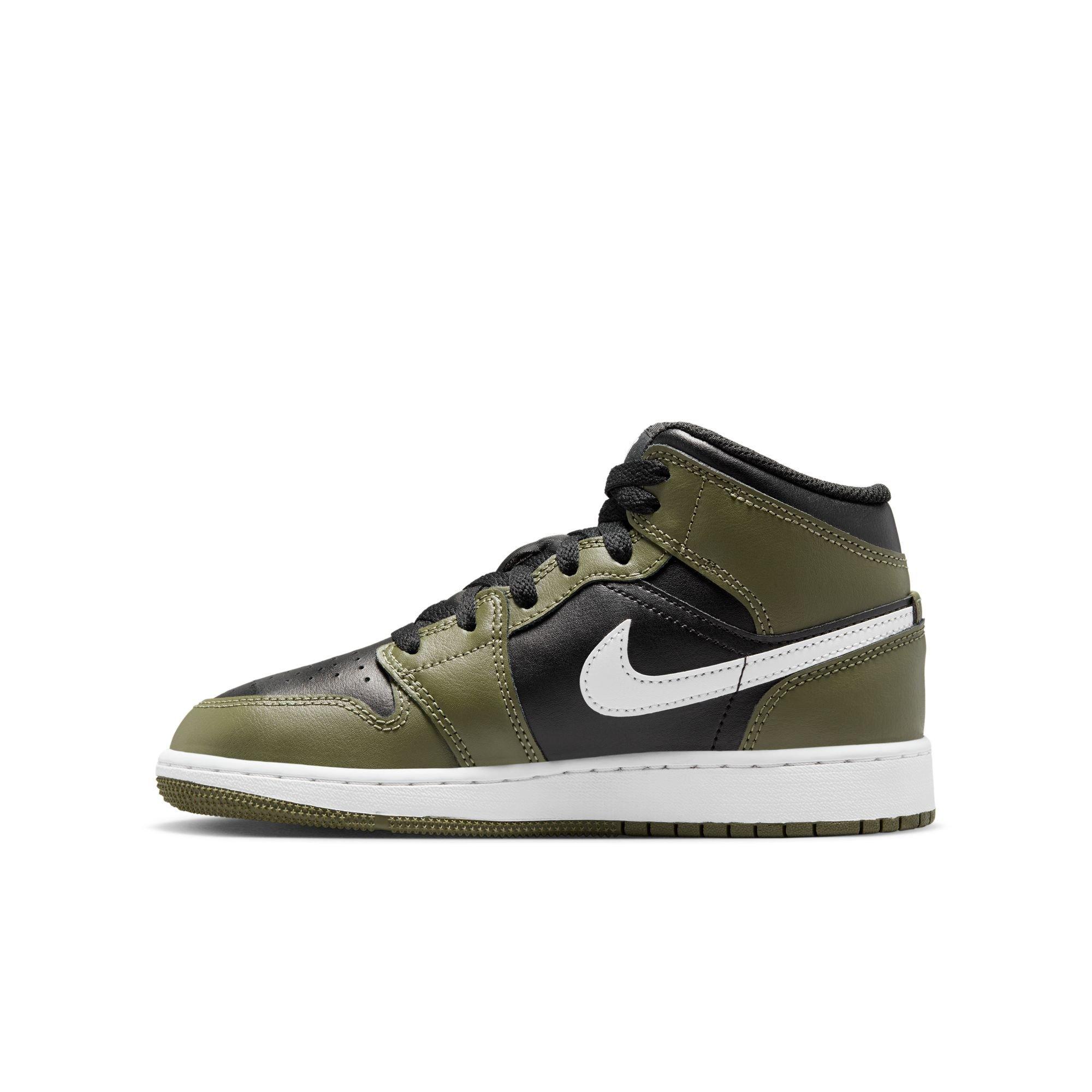 Jordan 1 Mid Grade School Boys' "Black/White/Medium Olive" Shoe