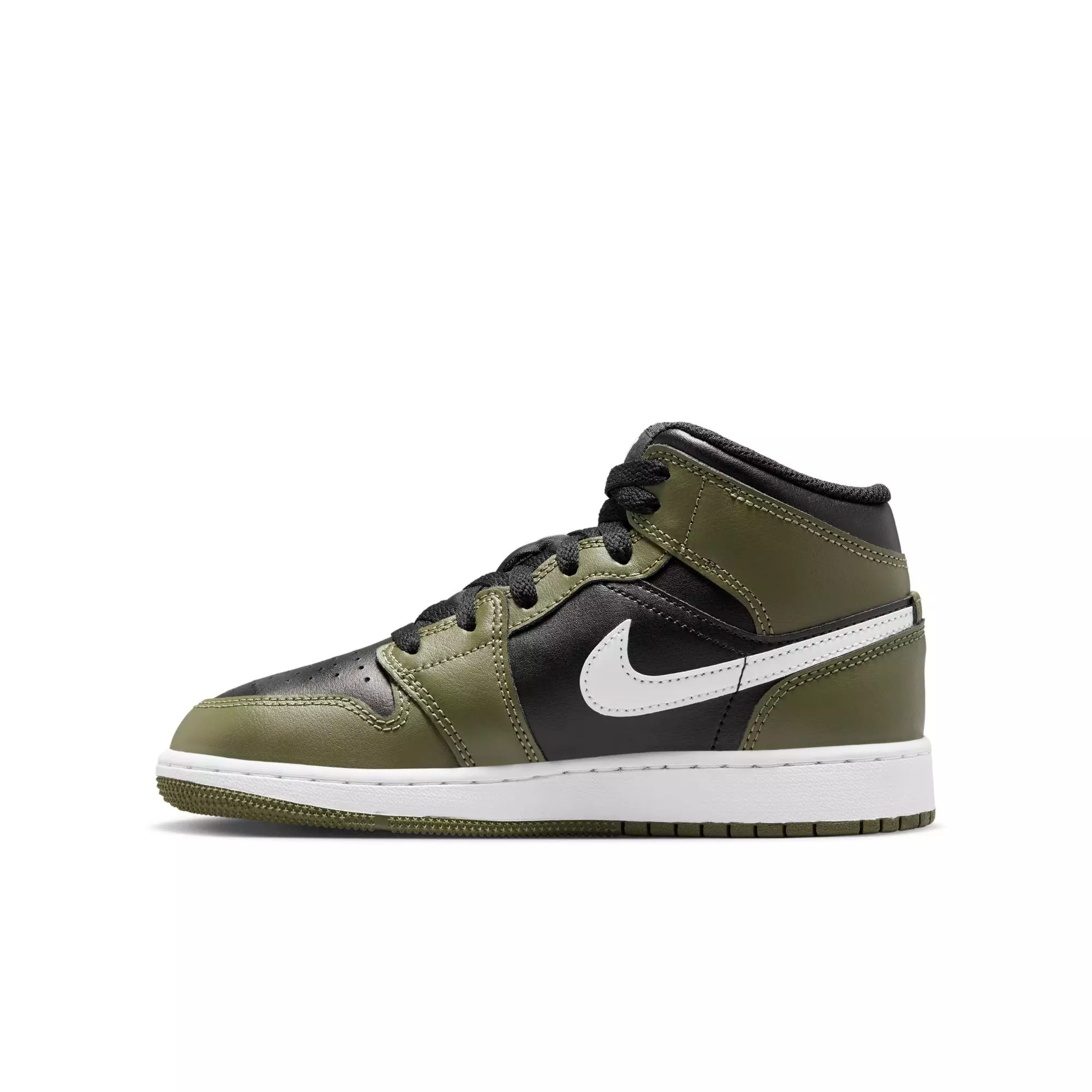 Jordan 1 Mid "Black/White/Medium Olive" Grade School Boys' Shoe - BLACK/OLIVE