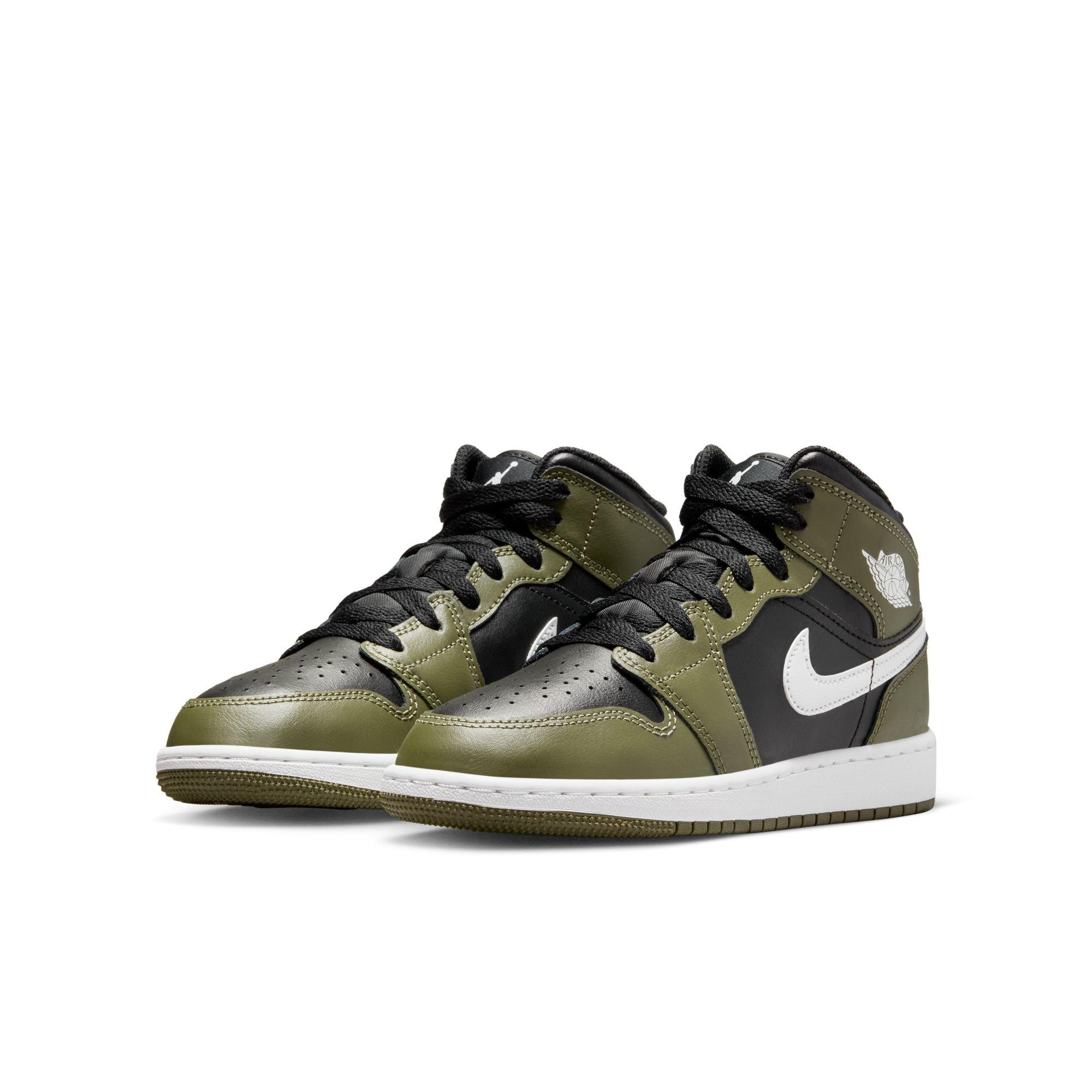 Jordan 1 Mid Grade School Boys' "Black/White/Medium Olive" Shoe