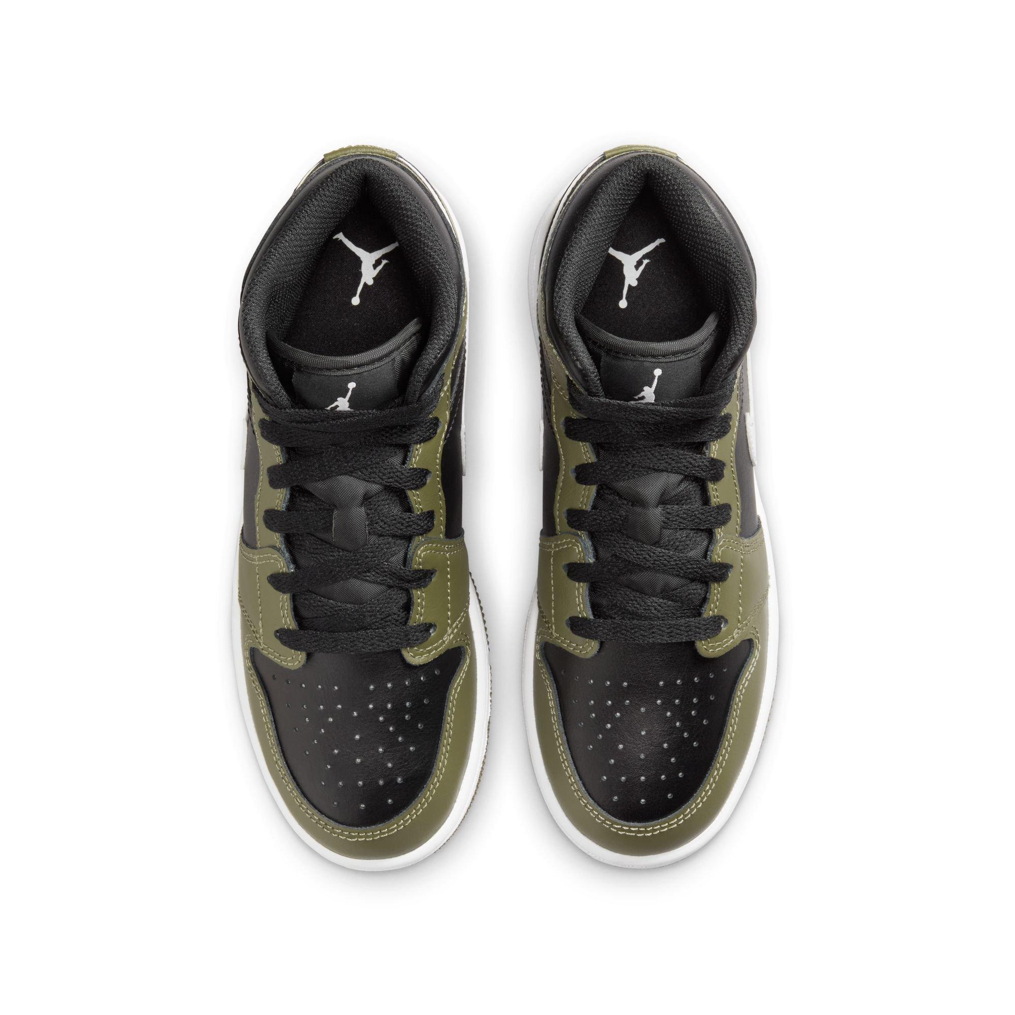 Jordan 1 Mid Grade School Boys' "Black/White/Medium Olive" Shoe