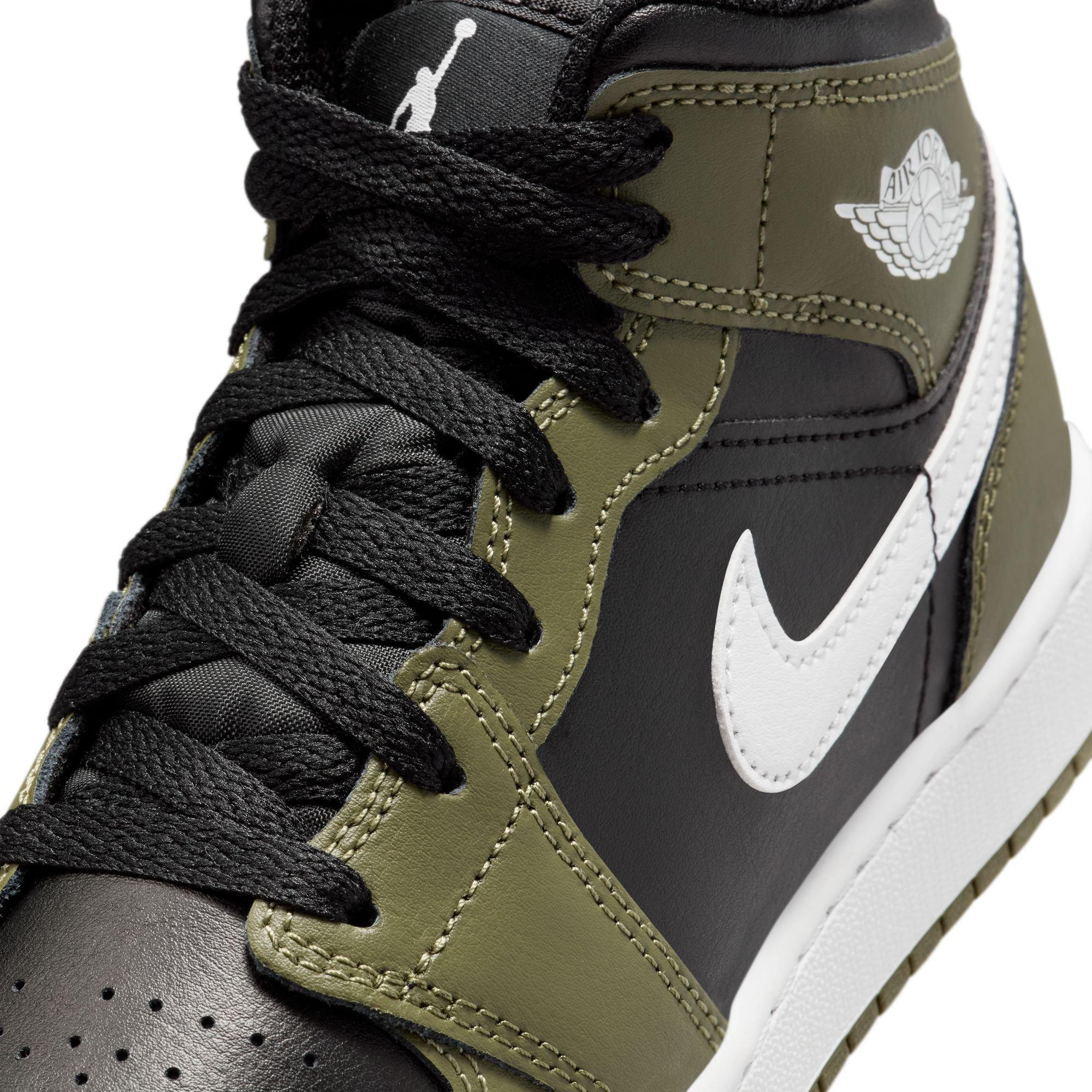 Jordan 1 Mid Grade School Boys' "Black/White/Medium Olive" Shoe