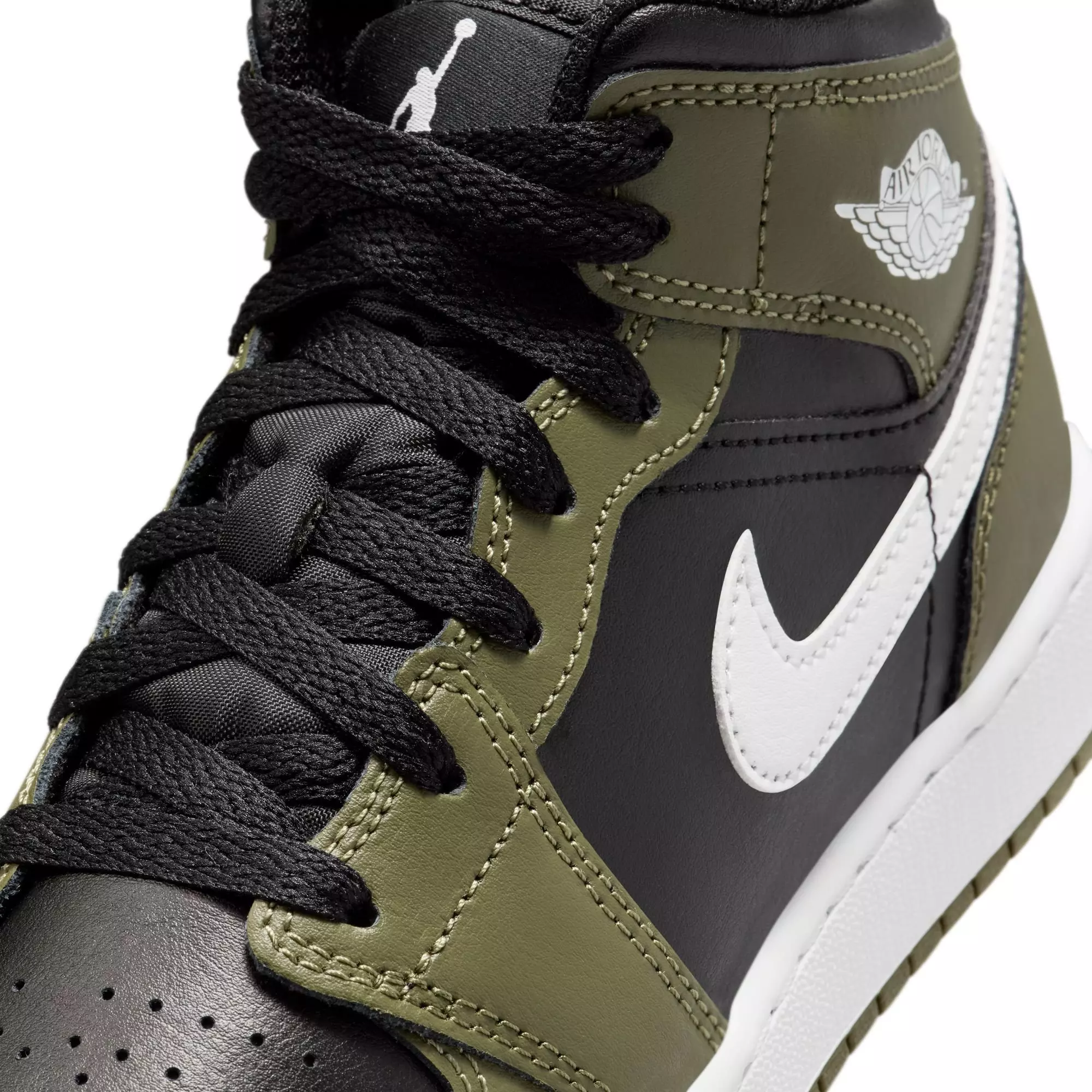 Jordan 1 Mid "Black/White/Medium Olive" Grade School Boys' Shoe - BLACK/OLIVE