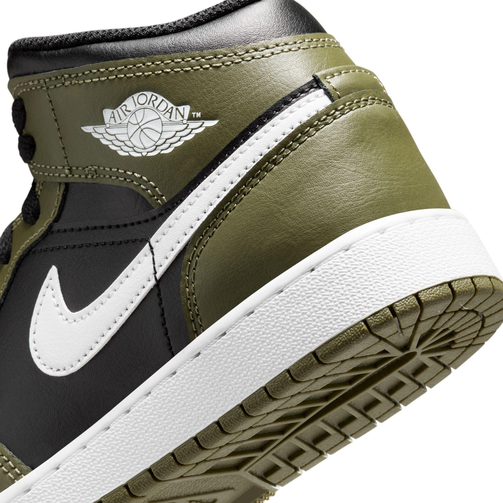 Jordan 1 Mid Black White Medium Olive Grade School Boys Shoe Hibbett