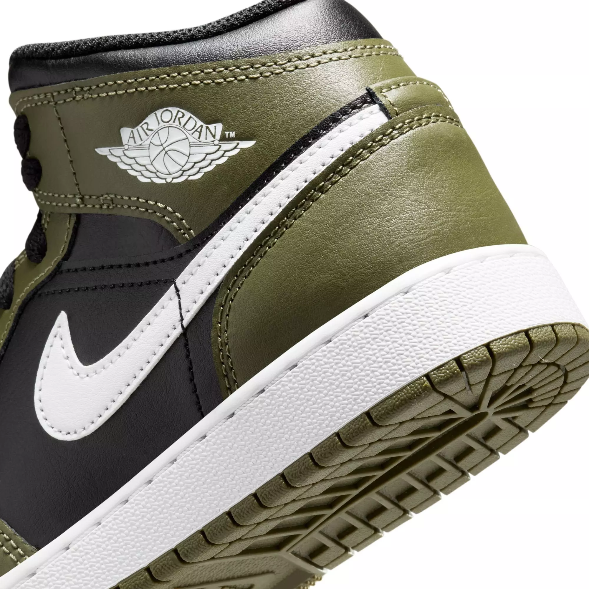 Jordan 1 Mid "Black/White/Medium Olive" Grade School Boys' Shoe - BLACK/OLIVE