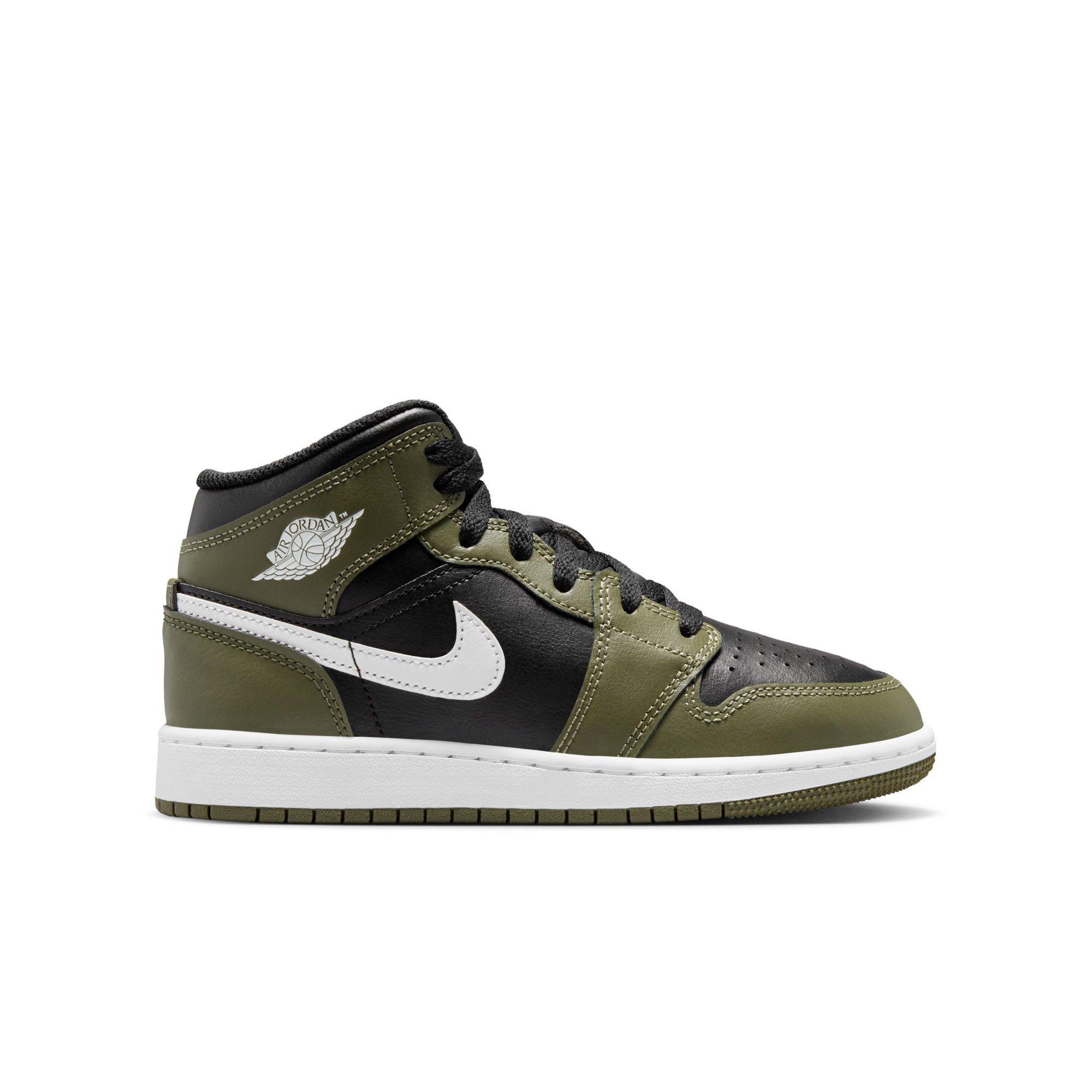 Jordan 1 Mid "Black/White/Medium Olive" Grade School Boys' Shoe - BLACK/OLIVE