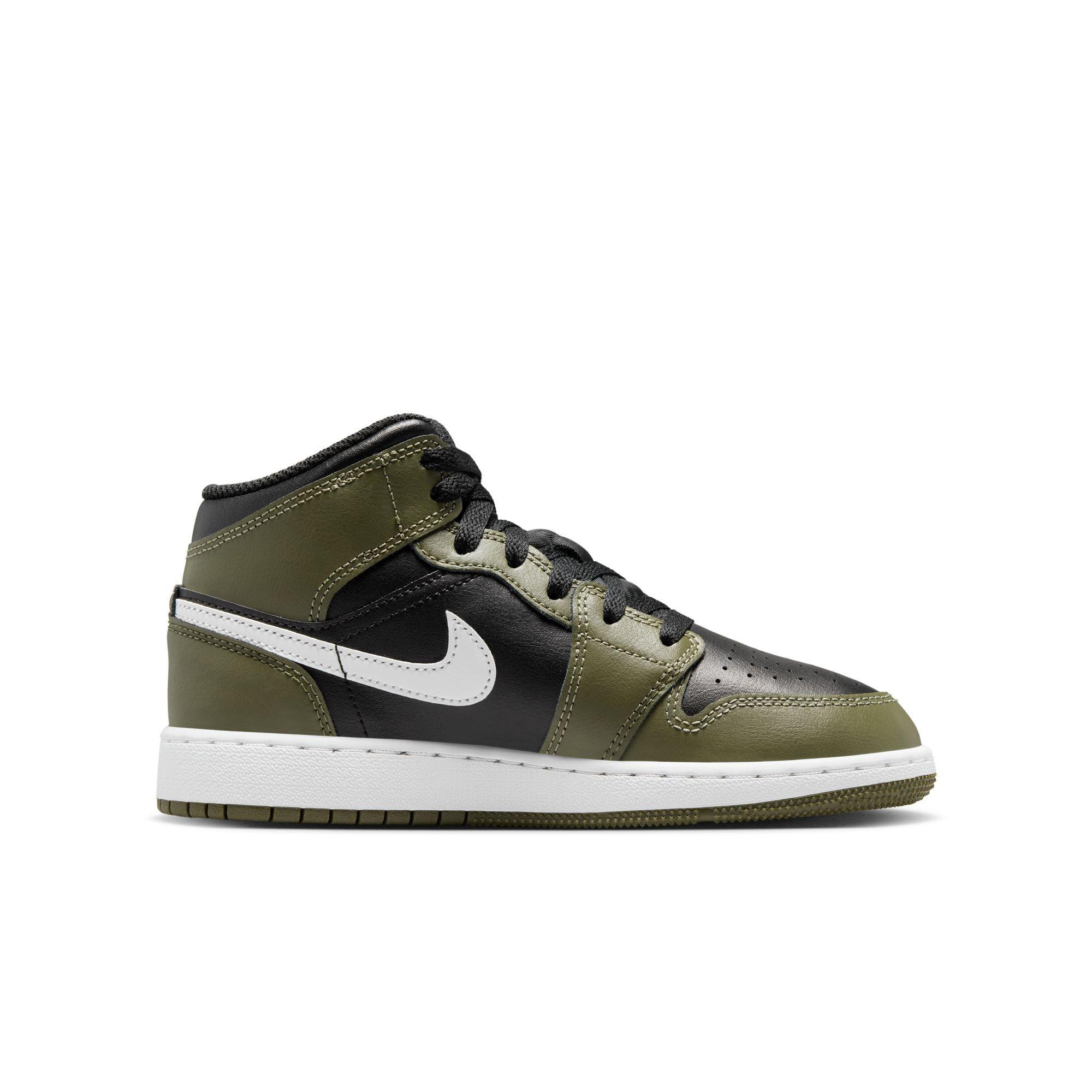 Jordan 1 Mid Grade School Boys' "Black/White/Medium Olive" Shoe