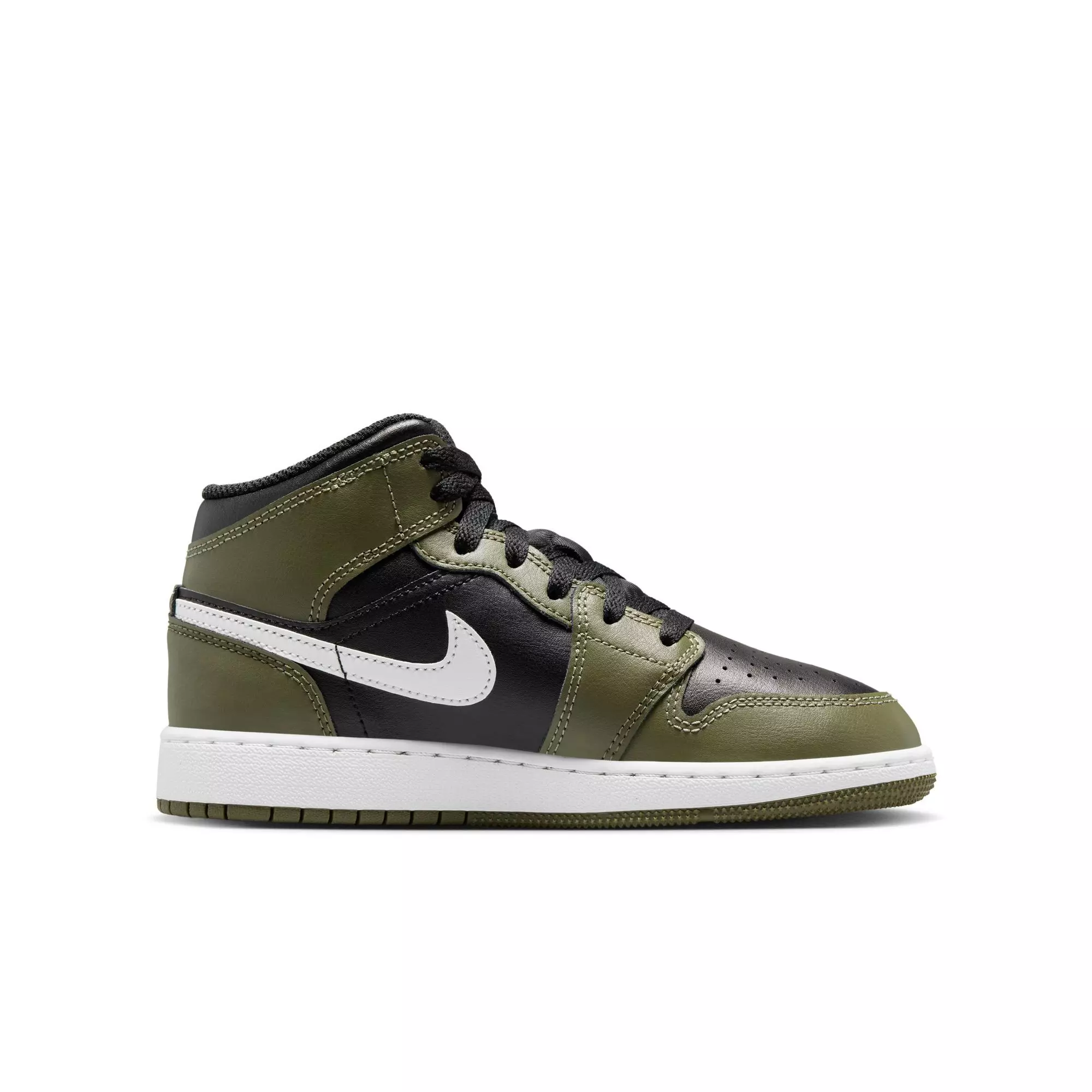 Jordan 1 Mid "Black/White/Medium Olive" Grade School Boys' Shoe - BLACK/OLIVE