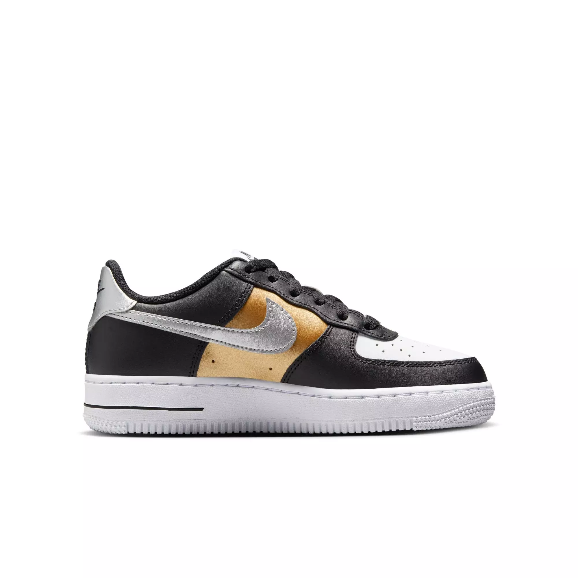Nike Air Force 1 "Black/Metallic Silver/White" Grade School Kids' Shoe - WHITE/BLACK/GOLD