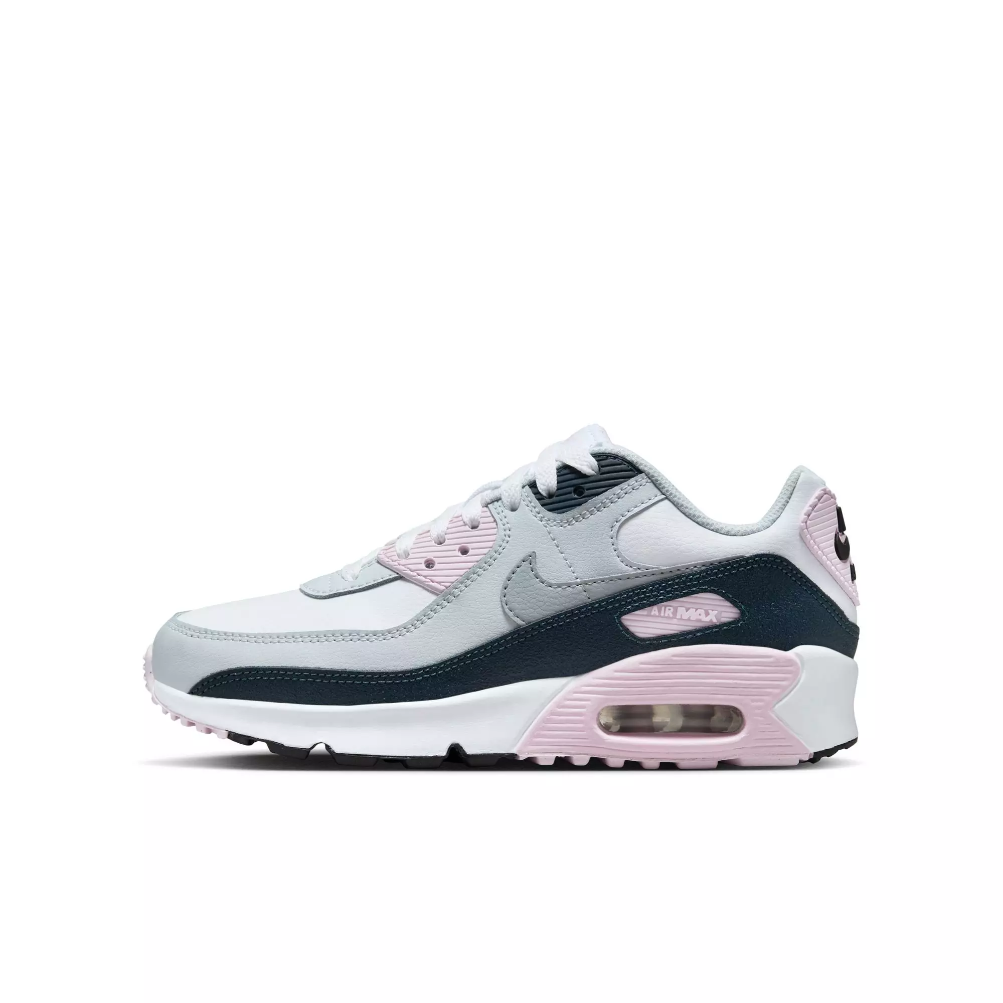 Nike Air Max 90 "White/Wolf Grey/Pink Foam/Armory Navy" Preschool Girls' Shoe - GREY/WHITE