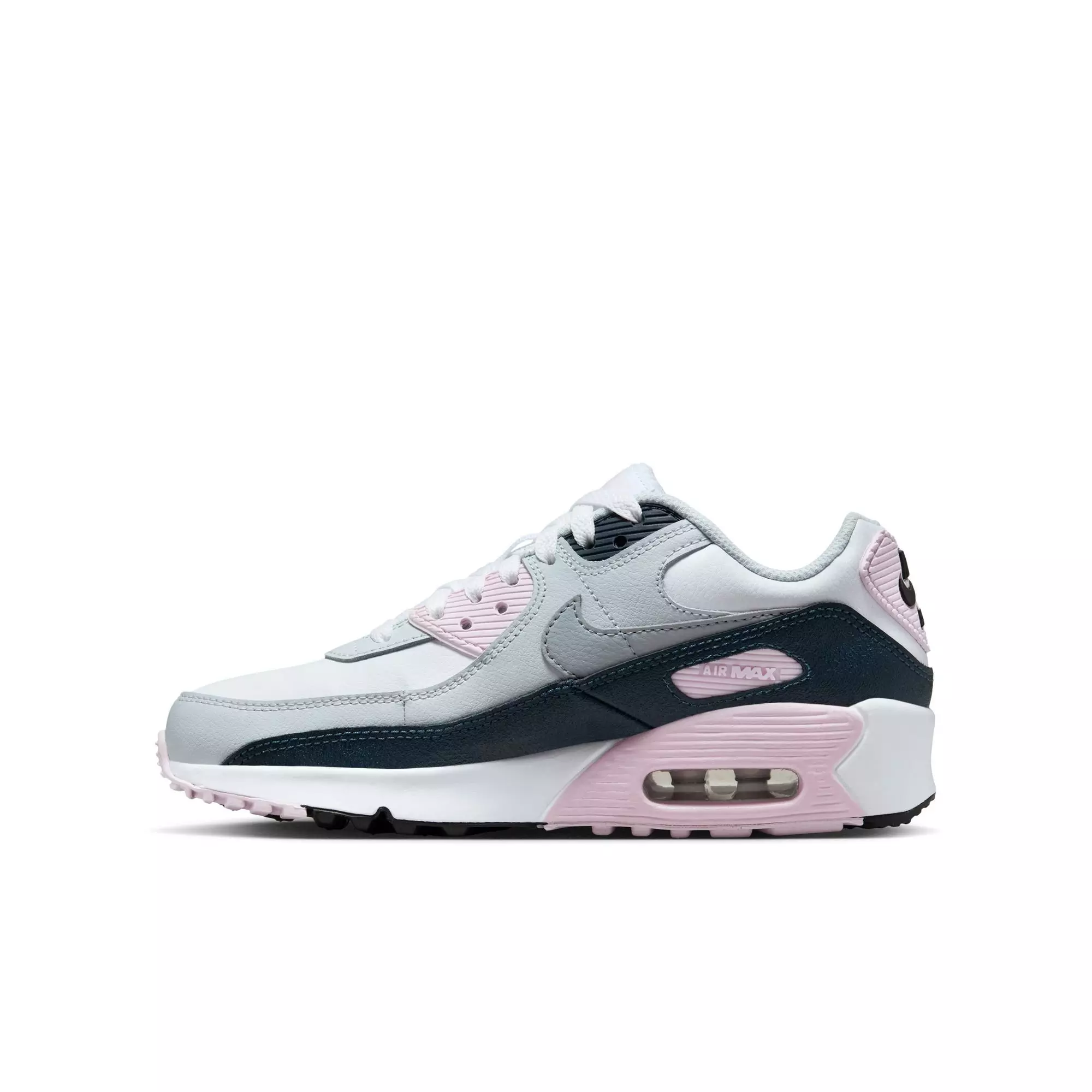 Nike Air Max 90 "White/Wolf Grey/Pink Foam/Armory Navy" Preschool Girls' Shoe - GREY/WHITE