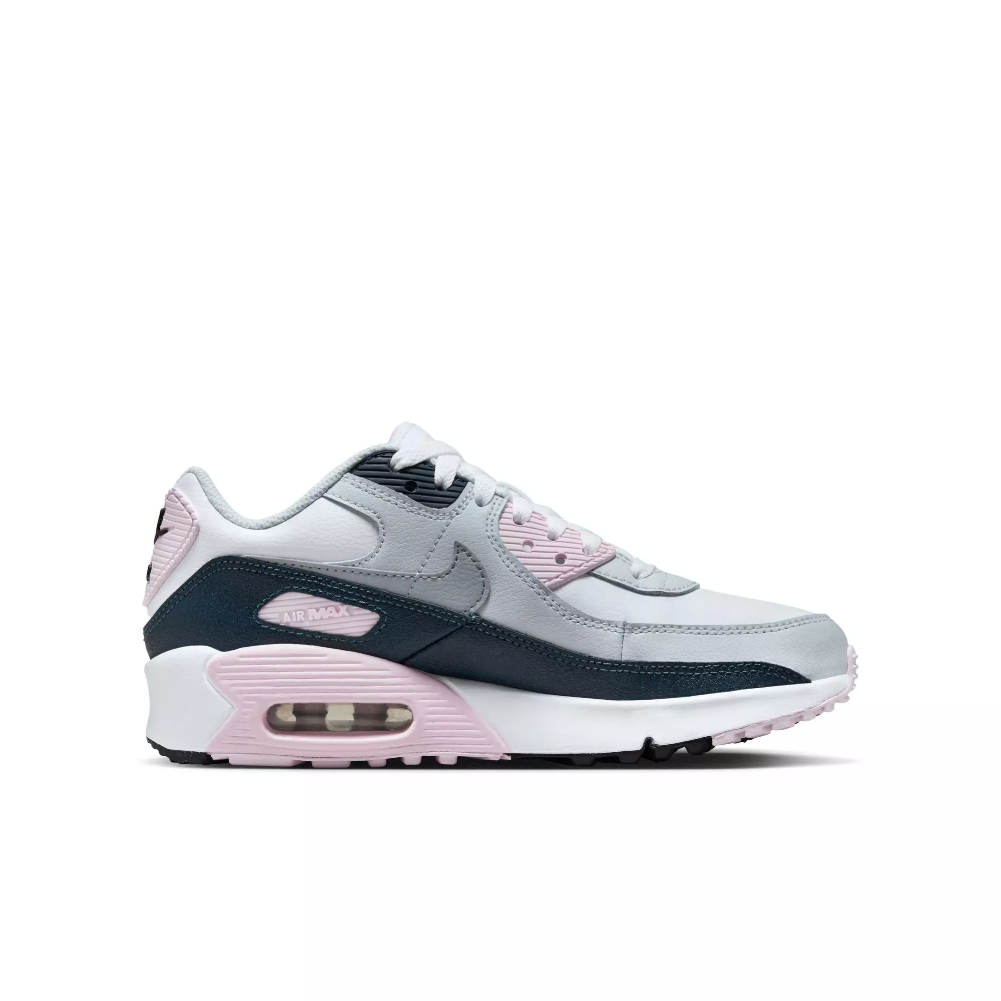 Nike Air Max 90 "White/Wolf Grey/Pink Foam/Armory Navy" Preschool Girls' Shoe - GREY/WHITE