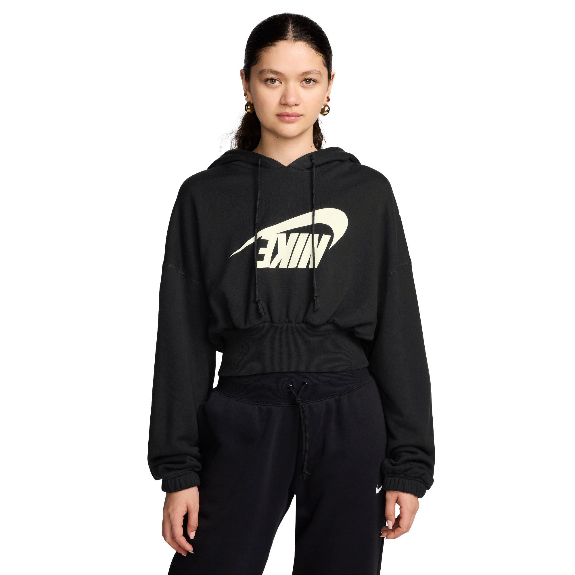 Nike Women's Sportswear Oversized Fleece Pullover Crop Hoodie - BLACK/WHITE