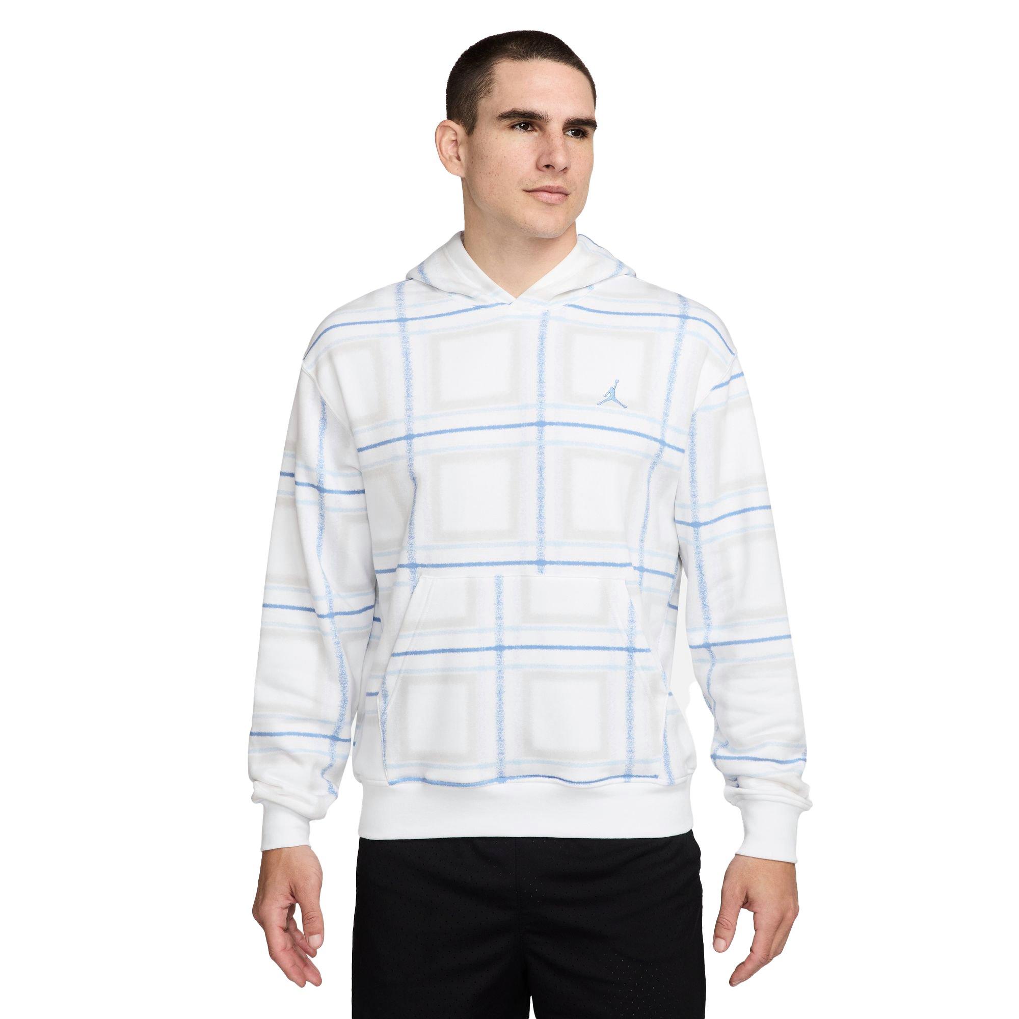 Jordan Men's Essentials Fleece Holiday Plaid Pullover Hoodie-White/Blue - WHITE/BLUE