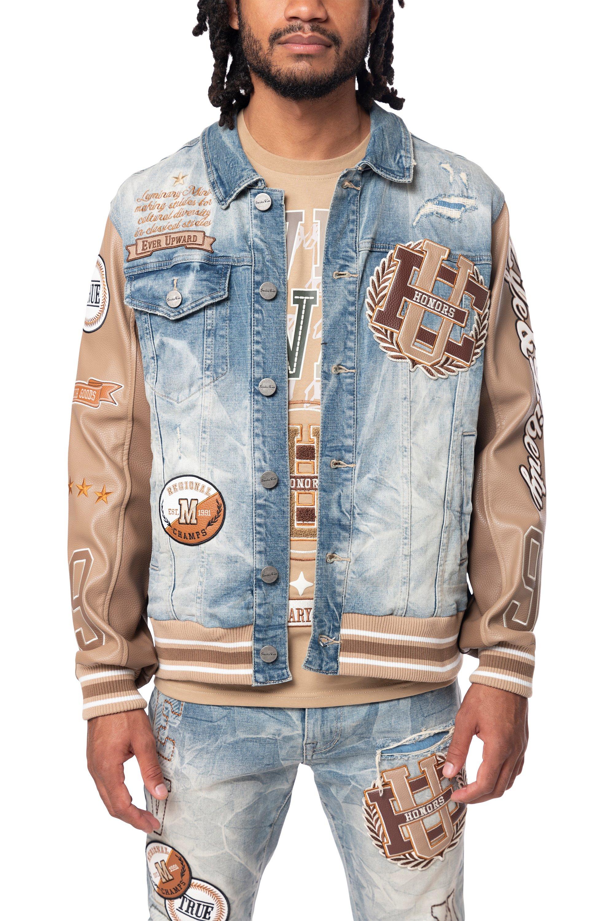 Smoke Rise Men's Varsity Denim Jacket - Blue/Brown - BROWN Thumbnail View 1