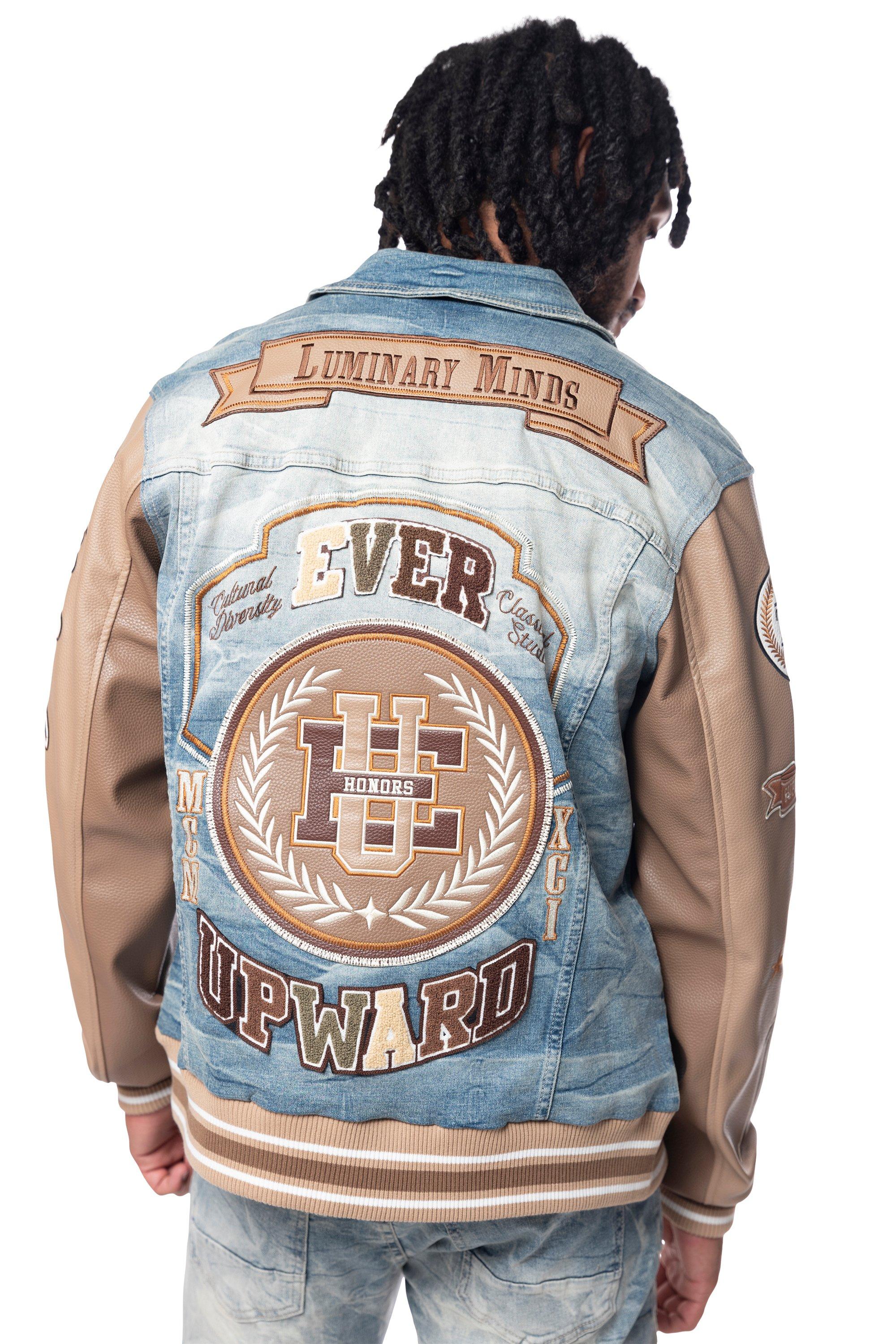Smoke Rise Men's Varsity Denim Jacket - Blue/Brown - BROWN Thumbnail View 2